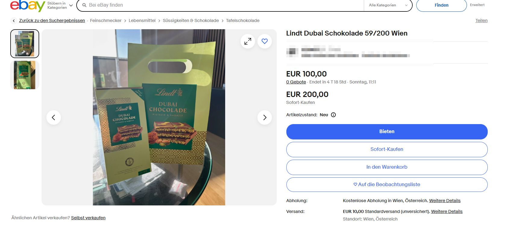 Zum Sofortkauf kann man den Schokolade um 200 Euro kaufen.