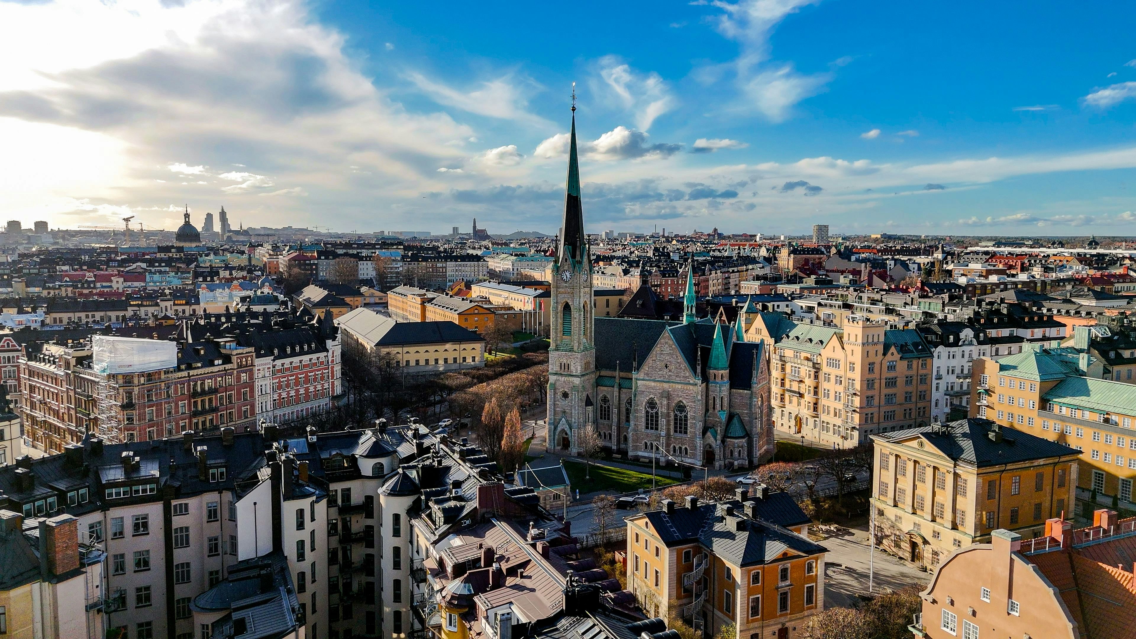 Aerial view of Oscar's Church in Stockholm, Aerial view of Östermalm, waterfront building on Strandvagen embankment in Ostermalm district