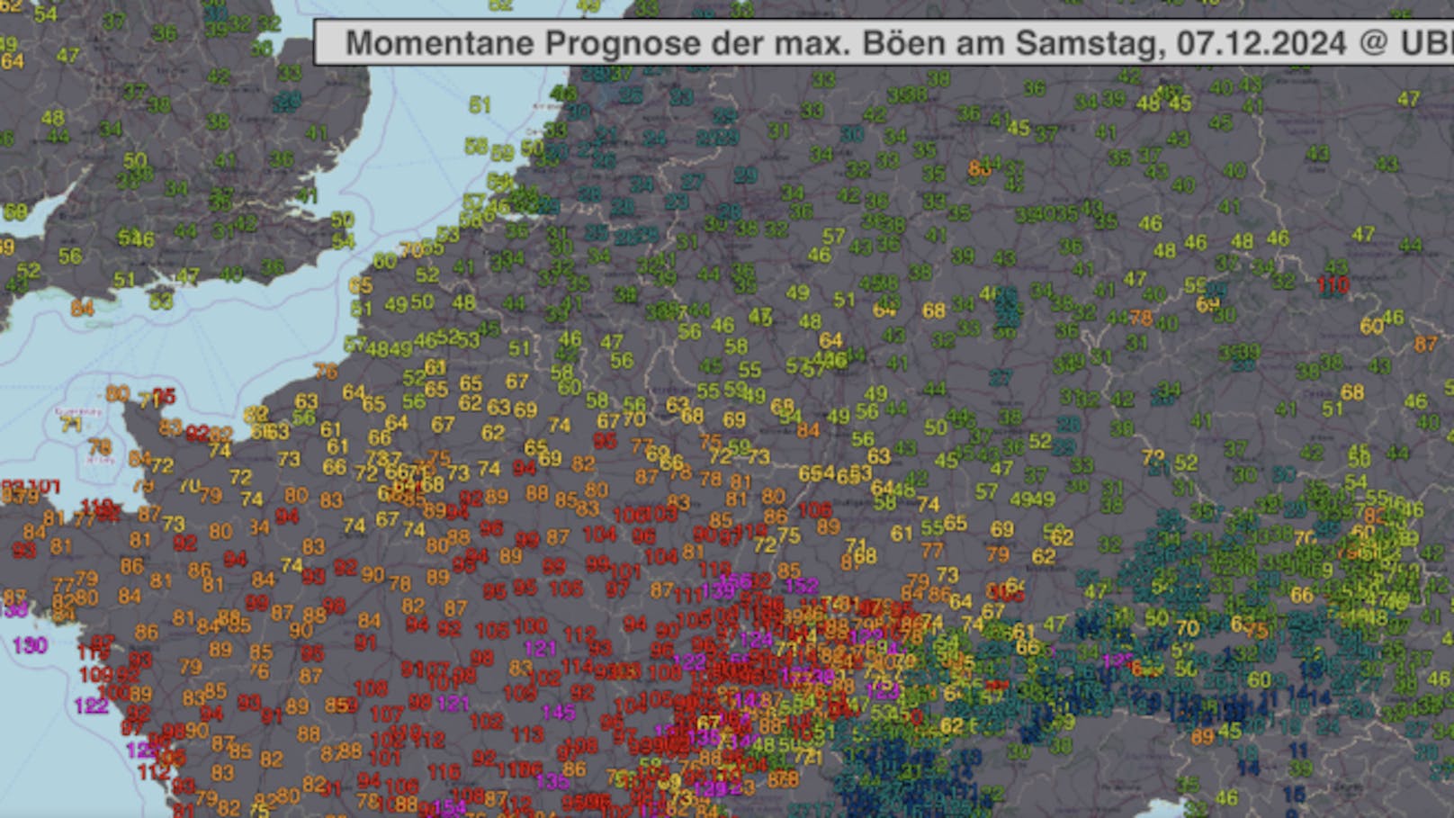 Momentane Prognose der maximalen Böen am Samstag  – diese seien zur Stunde allerdings "noch sehr unsicher", so die Ubimet.