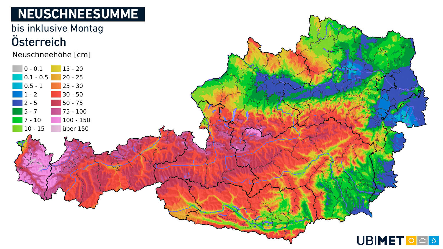 Die erste vorsichtige Abschätzung der Schneemengen bis inklusive Montag. (Stand 4.12., 13.30 Uhr)