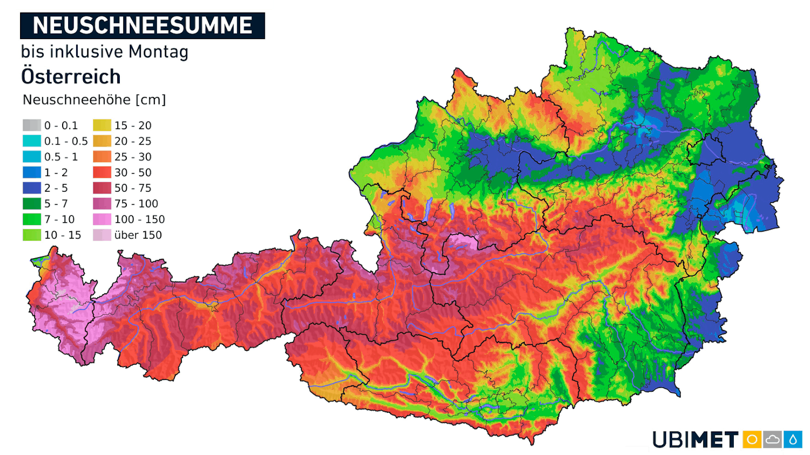 Die erste vorsichtige Abschätzung der Schneemengen bis inklusive Montag. (Stand 4.12., 13.30 Uhr)