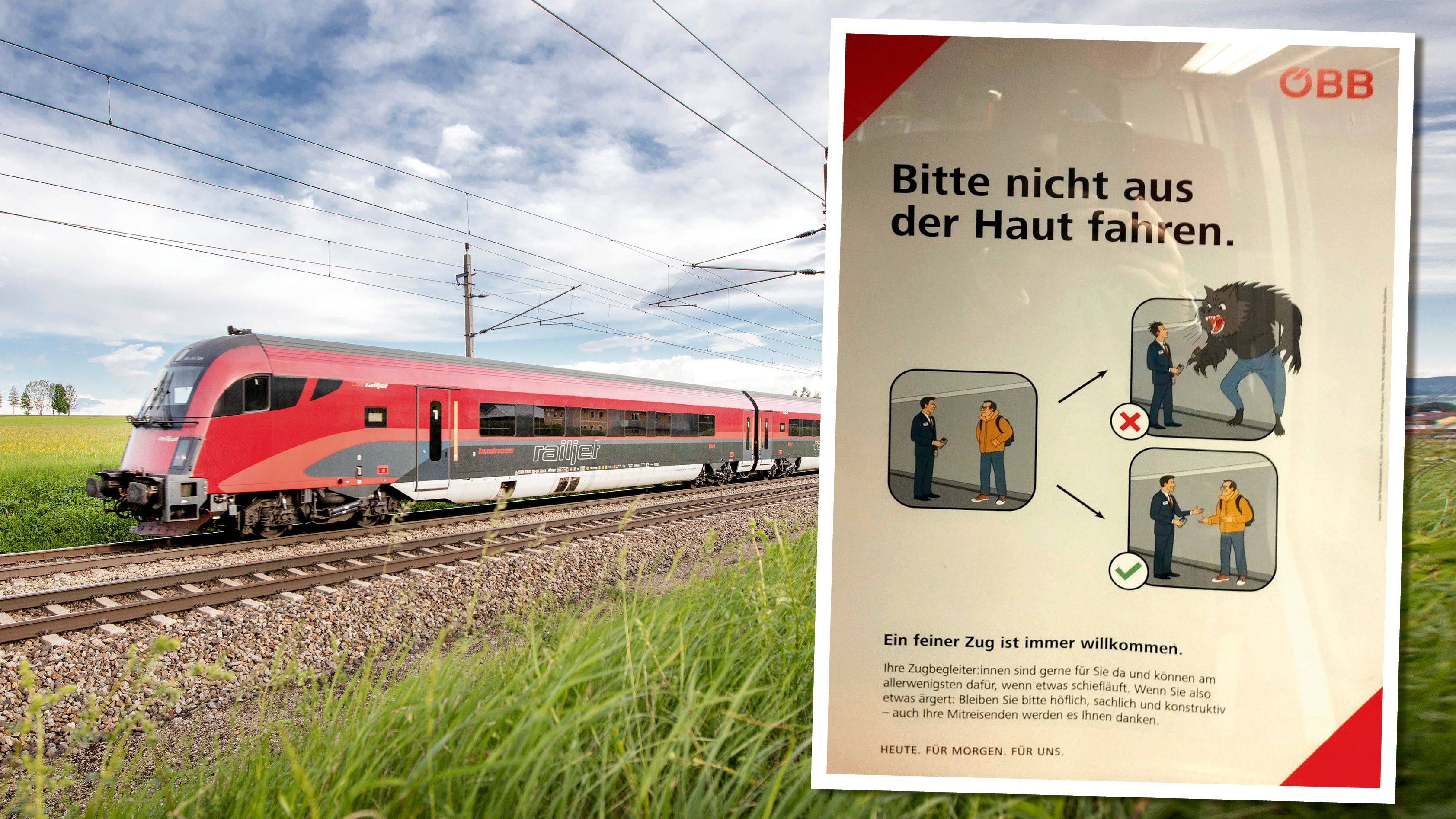Eine Plakatserie weist Fahrgäste in ÖBB-Zügen auf höfliches Verhalten gegenüber dem Personal hin.