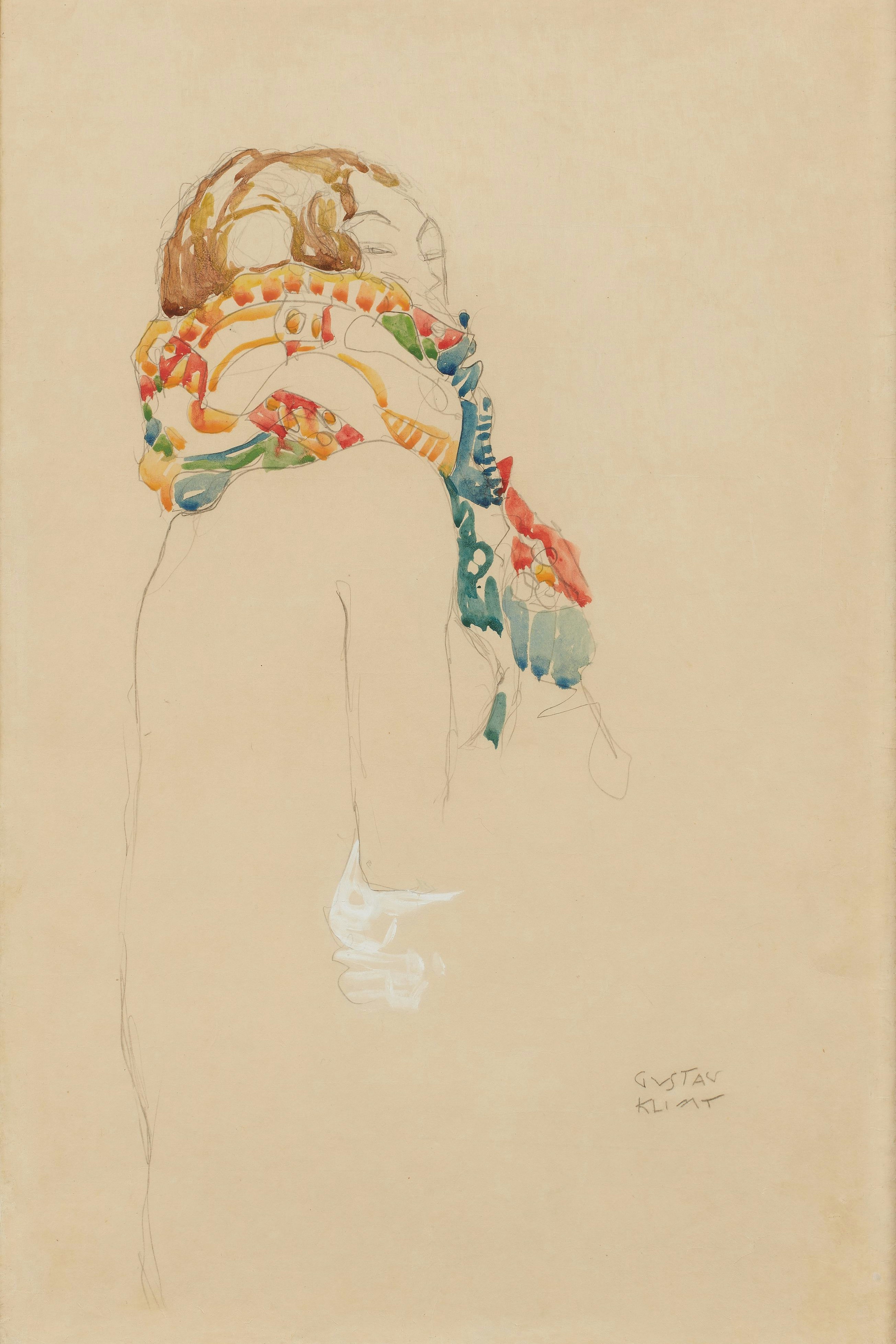 Gustav Klimt, 1862-1918, "Sitzender Halbakt mit Schal", signiert, Aquarell, Bleistift und Deckweiß auf Papier, 50 x 32,5 cm. Entstanden 1916-17. Schätzpreis: 12.000 – 18.000 Euro