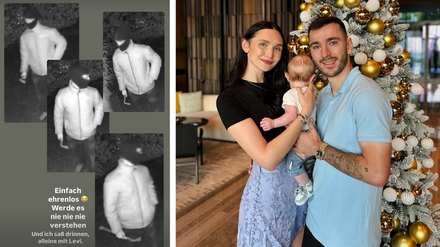 Auf Instagram teilte Model Anna Adamyan Bilder des Einbrechers (l.). Hier mit Ehemann Sargis (r.) und Sohn Levi (1).