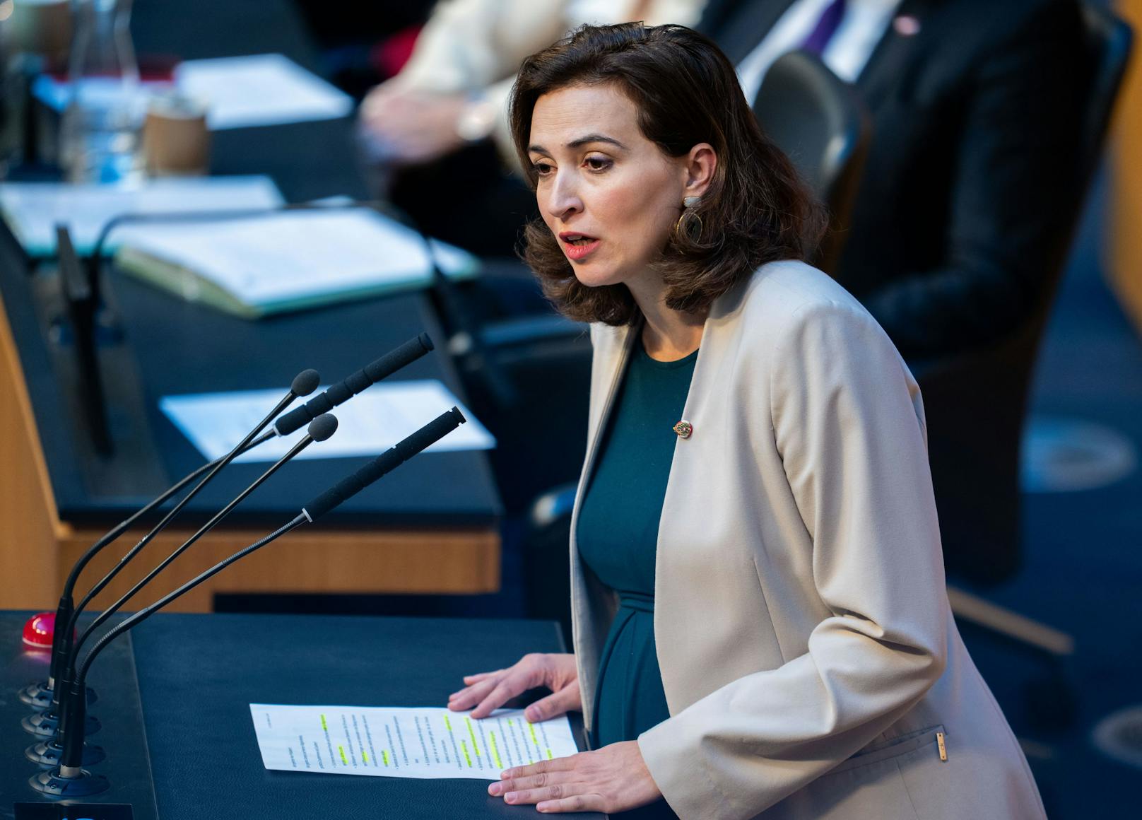 24. Oktober 2024: Justizministerin Alma Zadic mit großer Babykugel im Parlament.