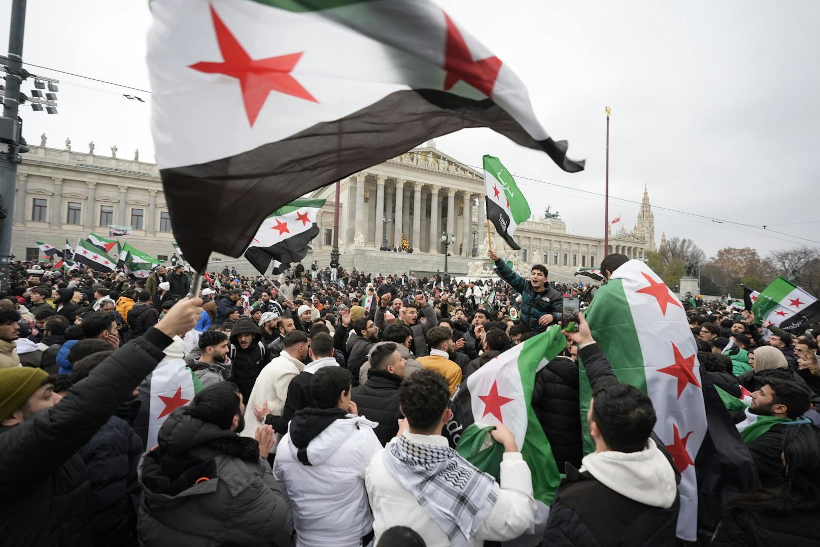 Ausgelassen feierten sie den Sturz des Assad-Regimes vor dem Parlament in Wien.