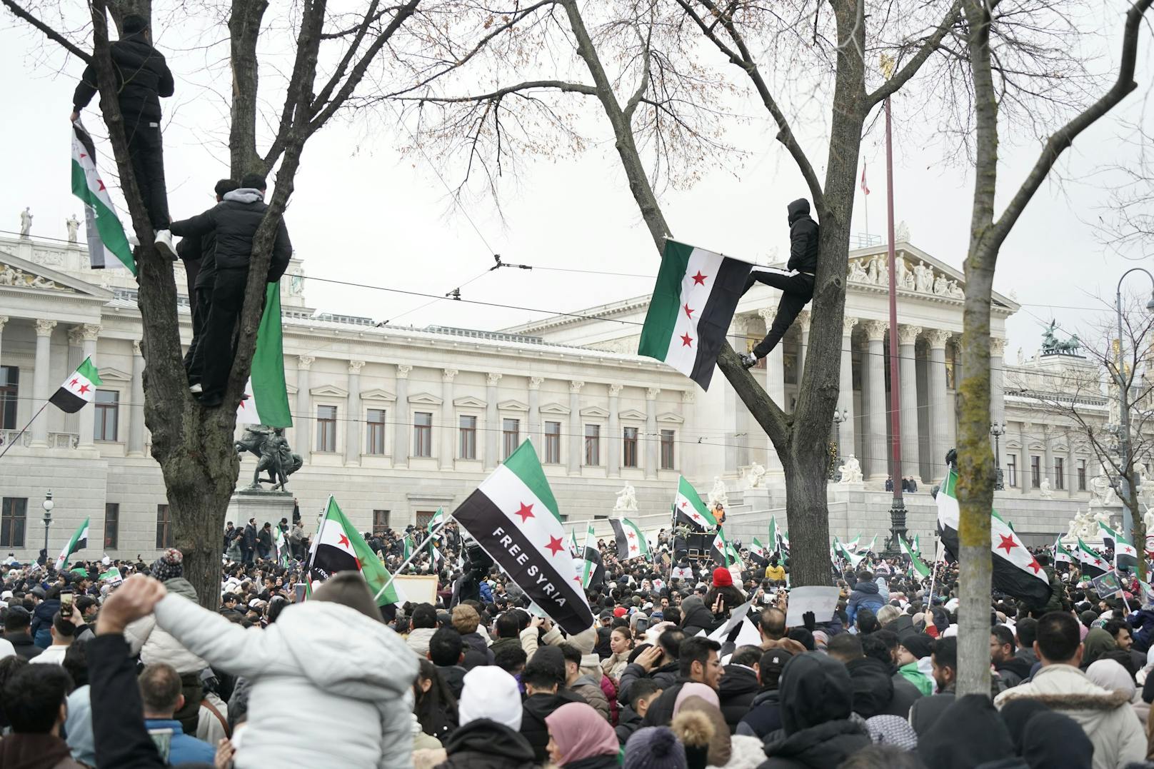 Mehrere Tausend Syrer feierten den Sturz des Assad-Regimes vor dem Parlament in Wien.