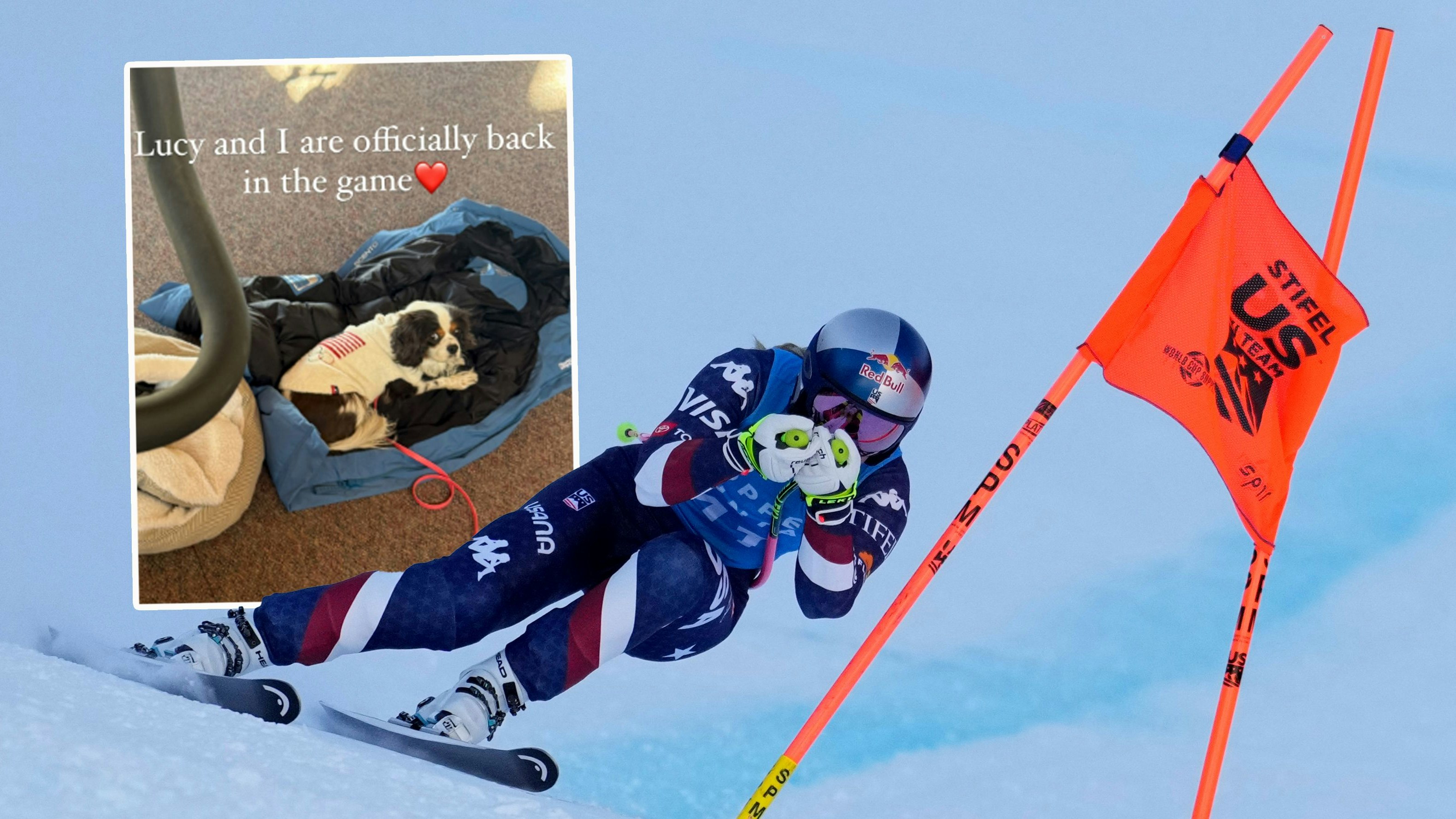 Lindsey Vonn mit 40 Jahren zurück in der Abfahrts-Hockey. Mit beim Rennen: Hündin Lucy (l.).