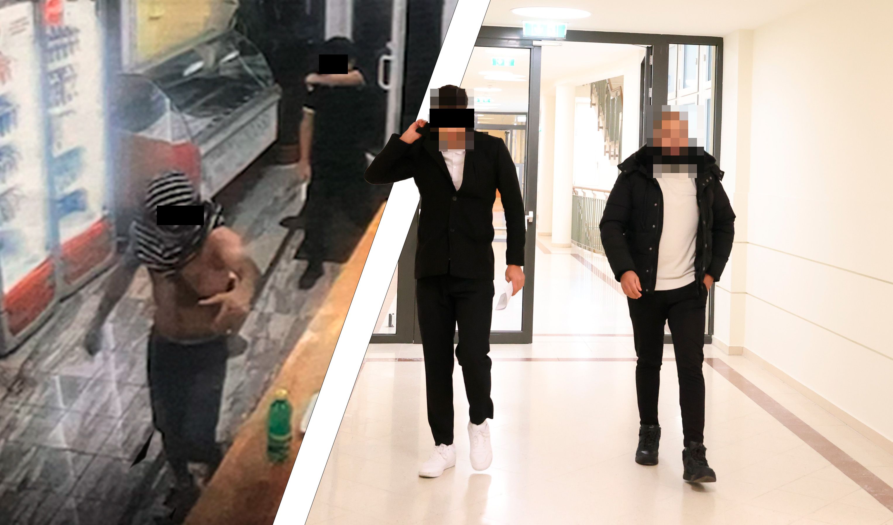 Der schockierende Vorfall in einem Café bei der Wiener U6-Station Jägerstraße – rechts der Angeklagte, der von seinem unbeteiligten Bruder (r.) zum Gerichtsprozess begleitet wurde.