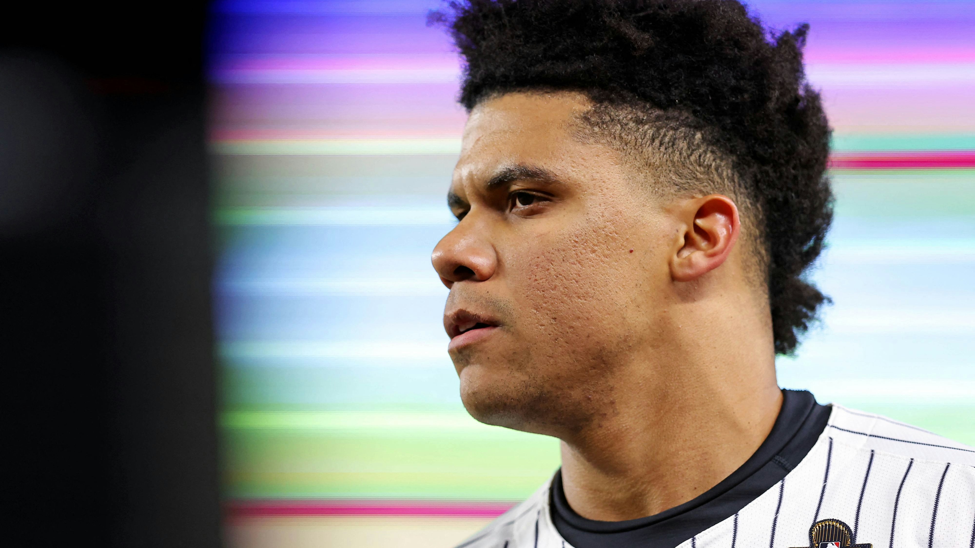 Oct 28, 2024; New York, New York, USA; New York Yankees outfielder Juan Soto (22) before playing against the Los Angeles Dodgers in game three of the 2024 MLB World Series at Yankee Stadium. Mandatory Credit: Brad Penner-Imagn Images