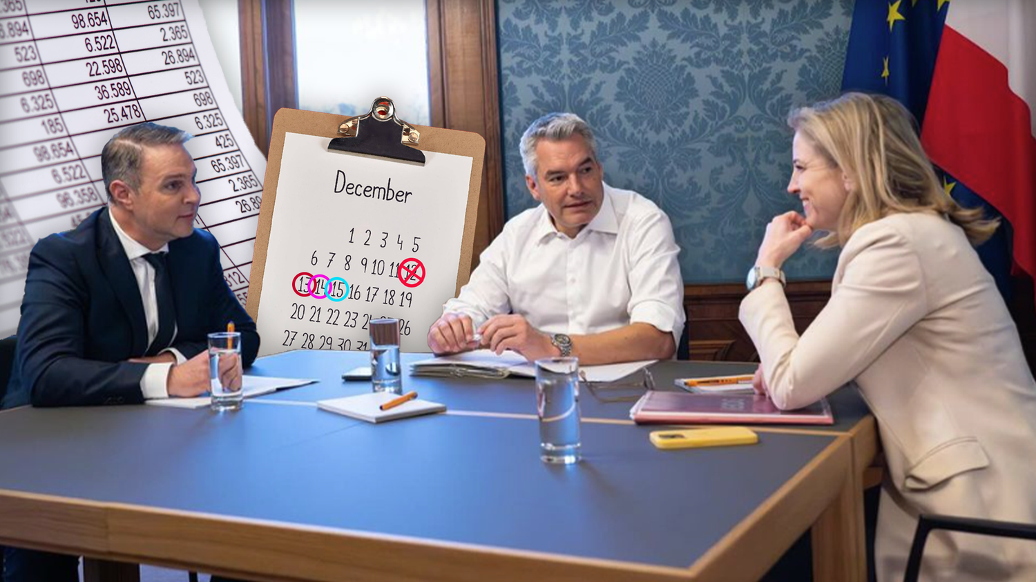 Parteichefs Andreas Babler (SPÖ), Karl Nehammer (ÖVP) und Beate Meinl-Reisinger bekommen Zwischenberichte der Verhandlergruppen und entscheiden übers weitere Vorgehen.