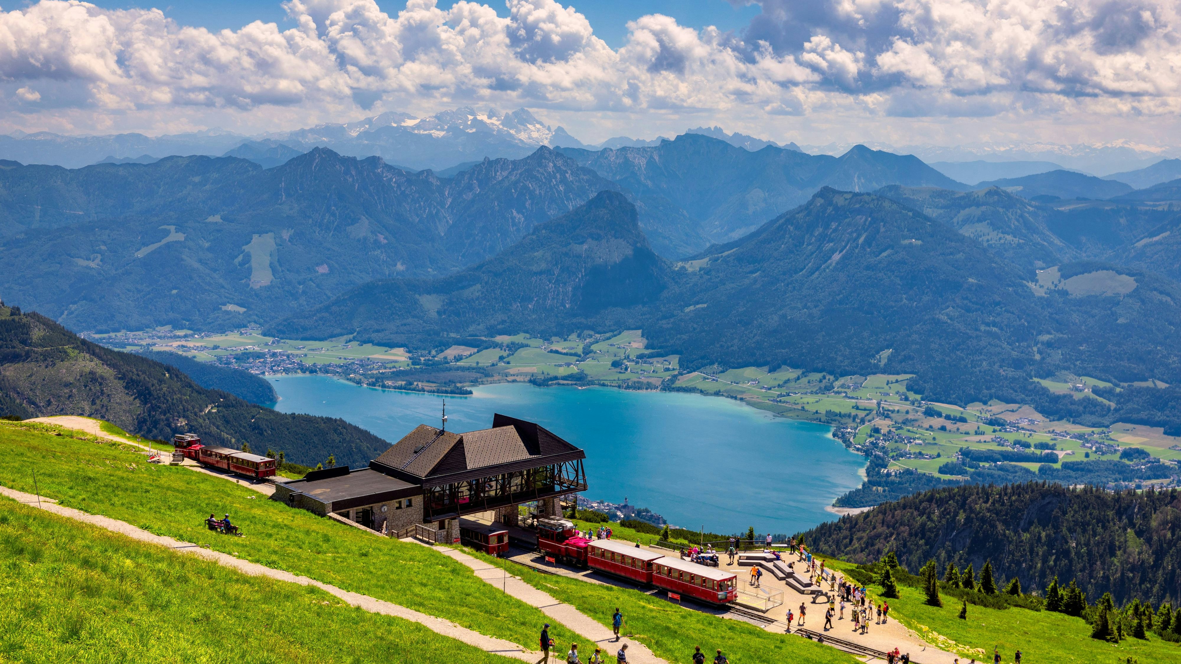 Schafberges aufgenommen, Mountain landscape in Salzkammergut, Upper Austria. View from Schafberg peak to Mondsee, Austria. Himmelspforte Schafberg in Austria, between Mondsee and Wolfgangsee lakes. , 37371060.jpg, austria, wolfgangsee, schafberg, schafbergbahn, salzkammergut, attersee, salzburgerland, mountain summit, mountain, lake, panorama, peak, travel, alpine, alps, nature, salzburg, sky, landscape, outdoor, summer, hiking, austrian, mondsee, wolfgang, station, transportation, summit, countryside, europe, cabin, cottage, sightseeing, viewpoint, austrian alps, alpine scenery, austria landscape, austria mountains, bergsee, gates of heaven, himmelspforte, lake attersee, lake mondsee, lake moon, schafberg summit, st wolfgang, wolfgang lak