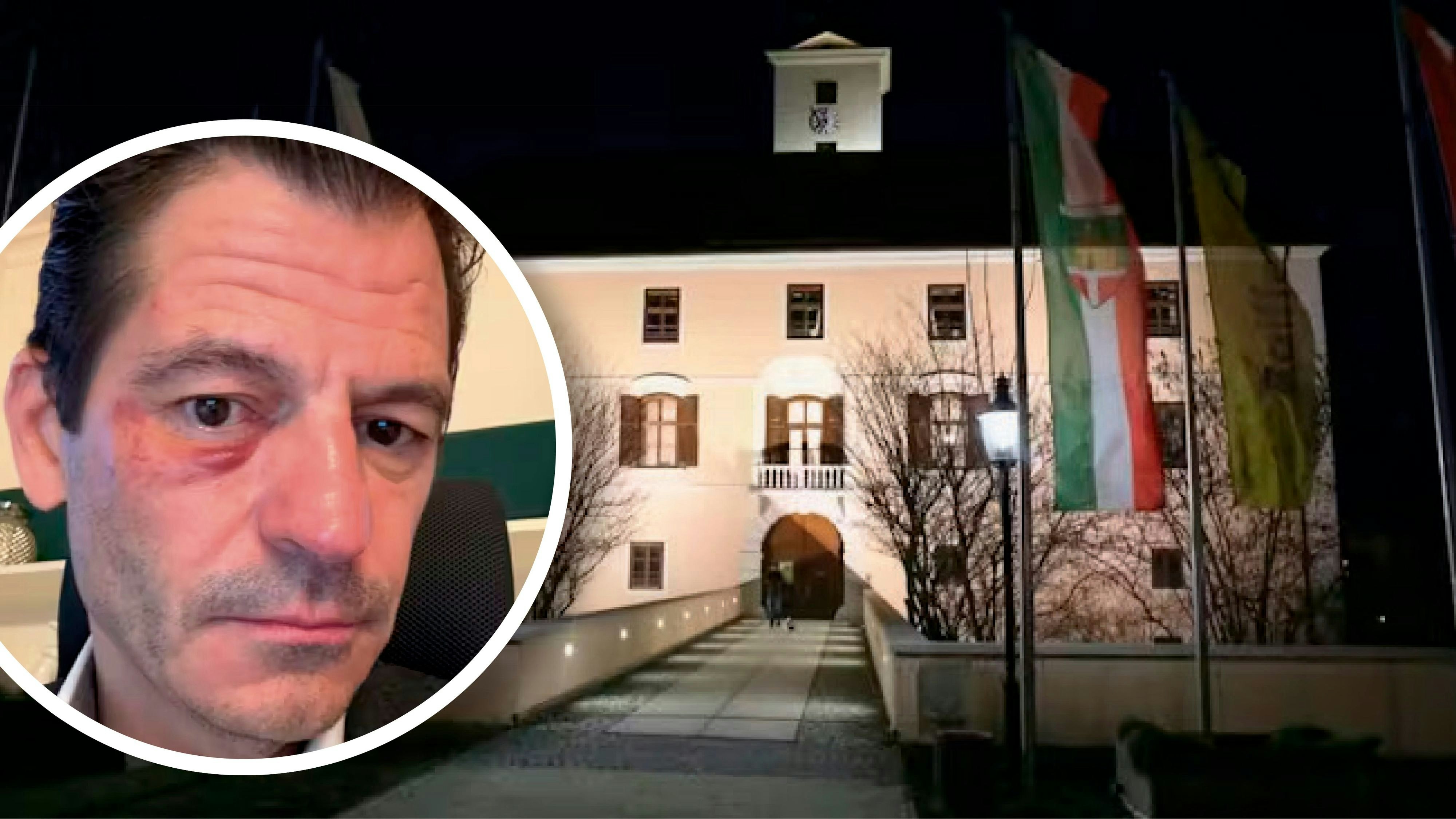 Bürgermeister Koza nach der Attacke und das Gemeindeamt im Schloss Vösendorf 