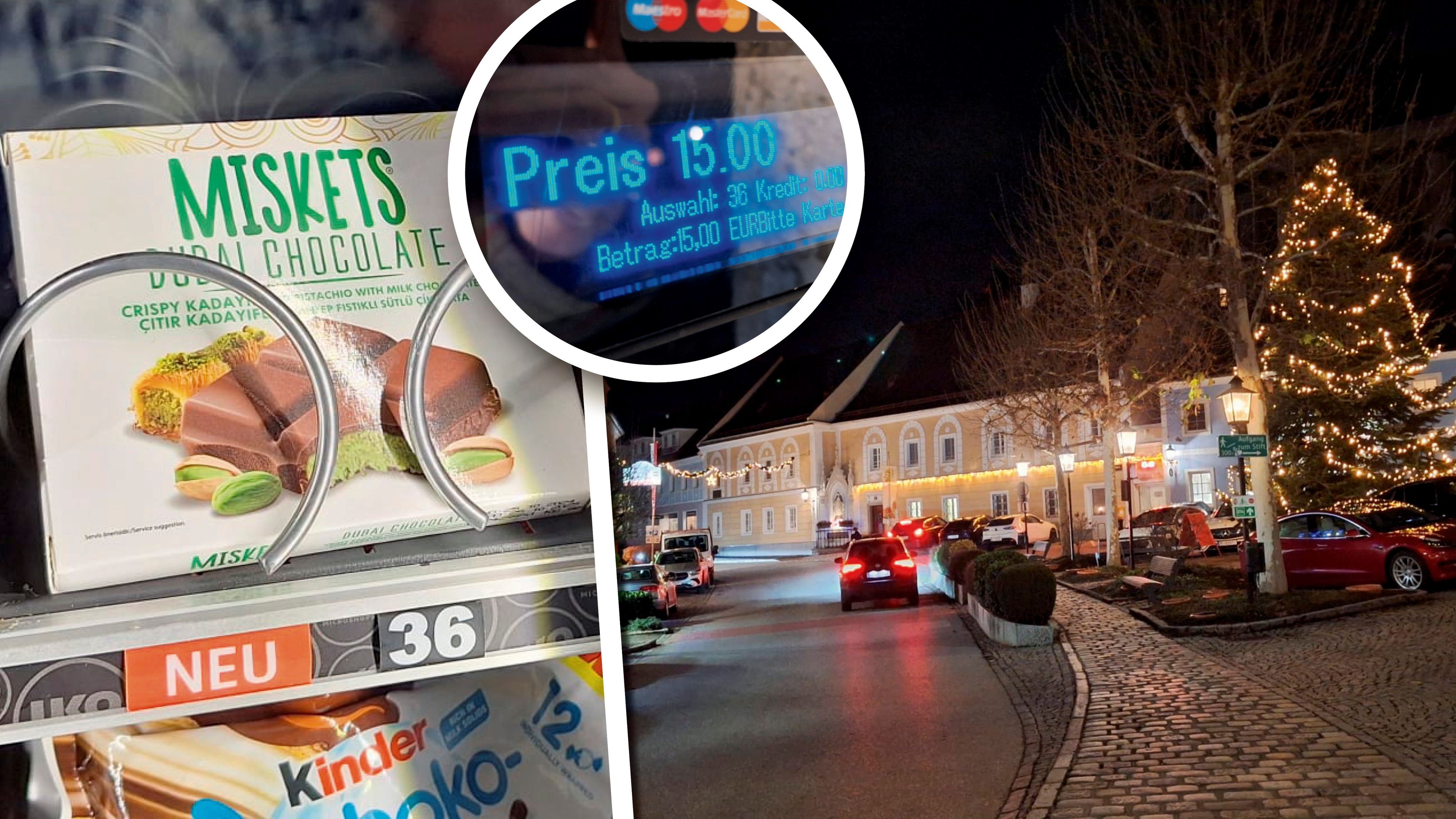 In einem Automaten am Stadtplatz von St. Florian bei Linz kostet eine kleine Tafel Dubai-Schokolade 15 Euro.
