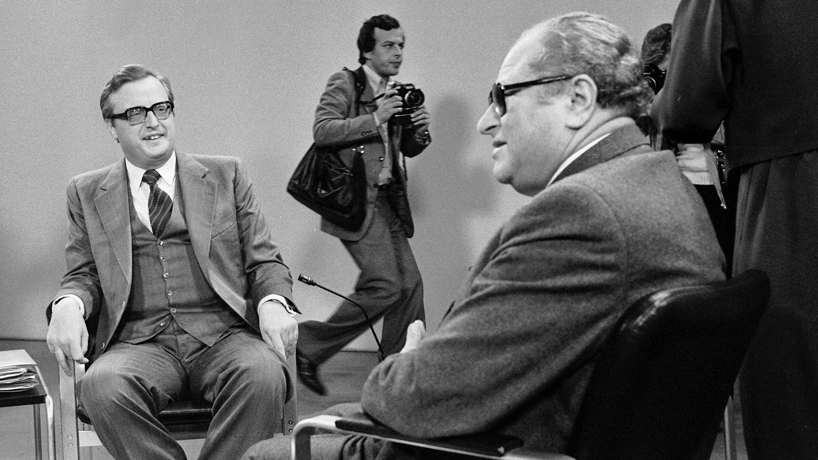 TV-Duell zwischen dem damaligen Bundeskanzler Bruno Kreisky (SPÖ, r.) und ÖVP-Obmann Josef Taus. Aufgenommen 1979.