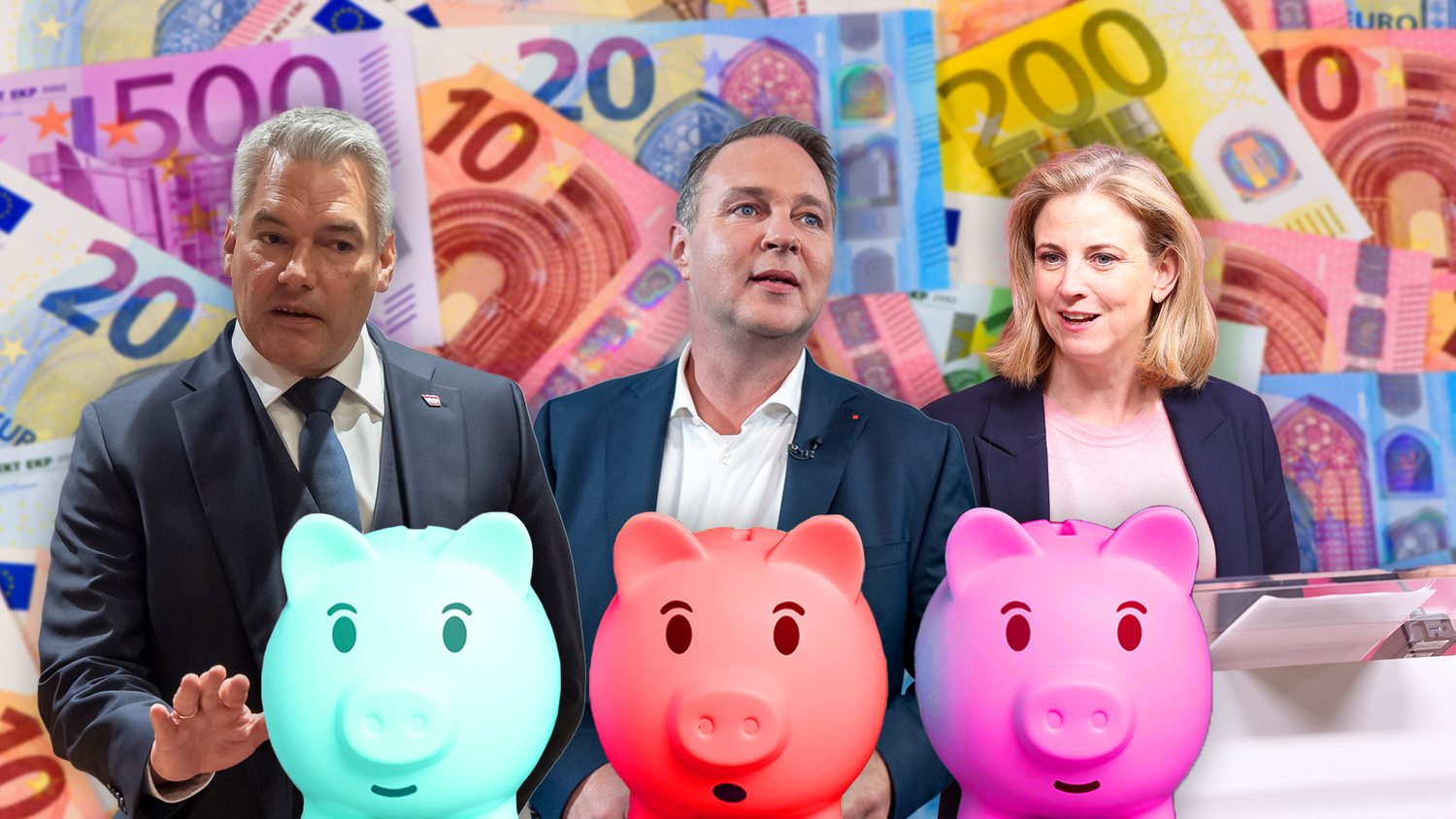 Knackpunkt für die Ampel-Chefs Nehammer (ÖVP), Babler (SPÖ) und Meinl-Reisinger (Neos)&nbsp; ist der Sparkurs der künftigen Regierung