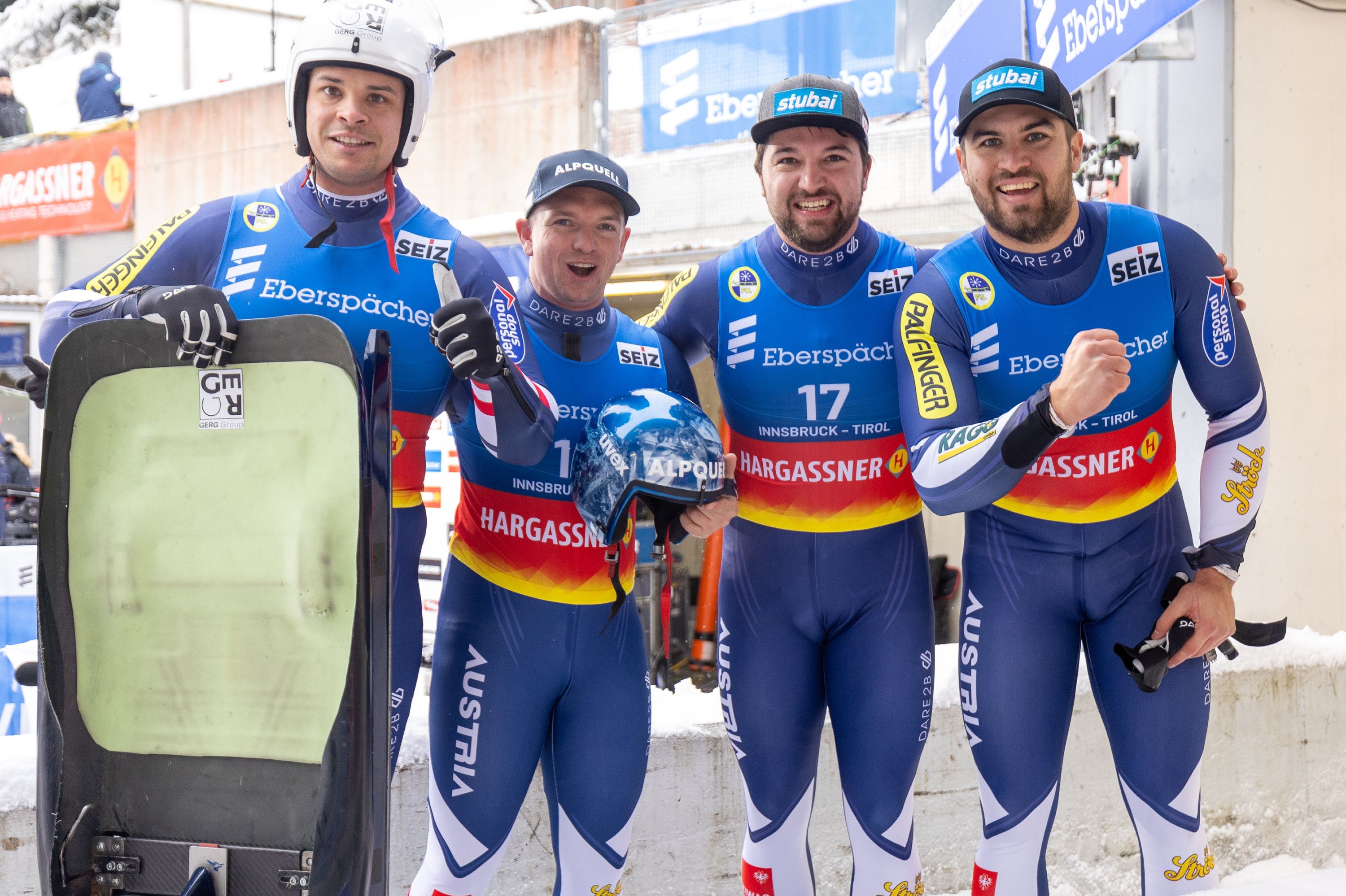 Die österreichischen Erfolgs-Rodler: Jonas Mueller, Wolfgang Kindl, David Gleirscher, Nico Gleirscher
