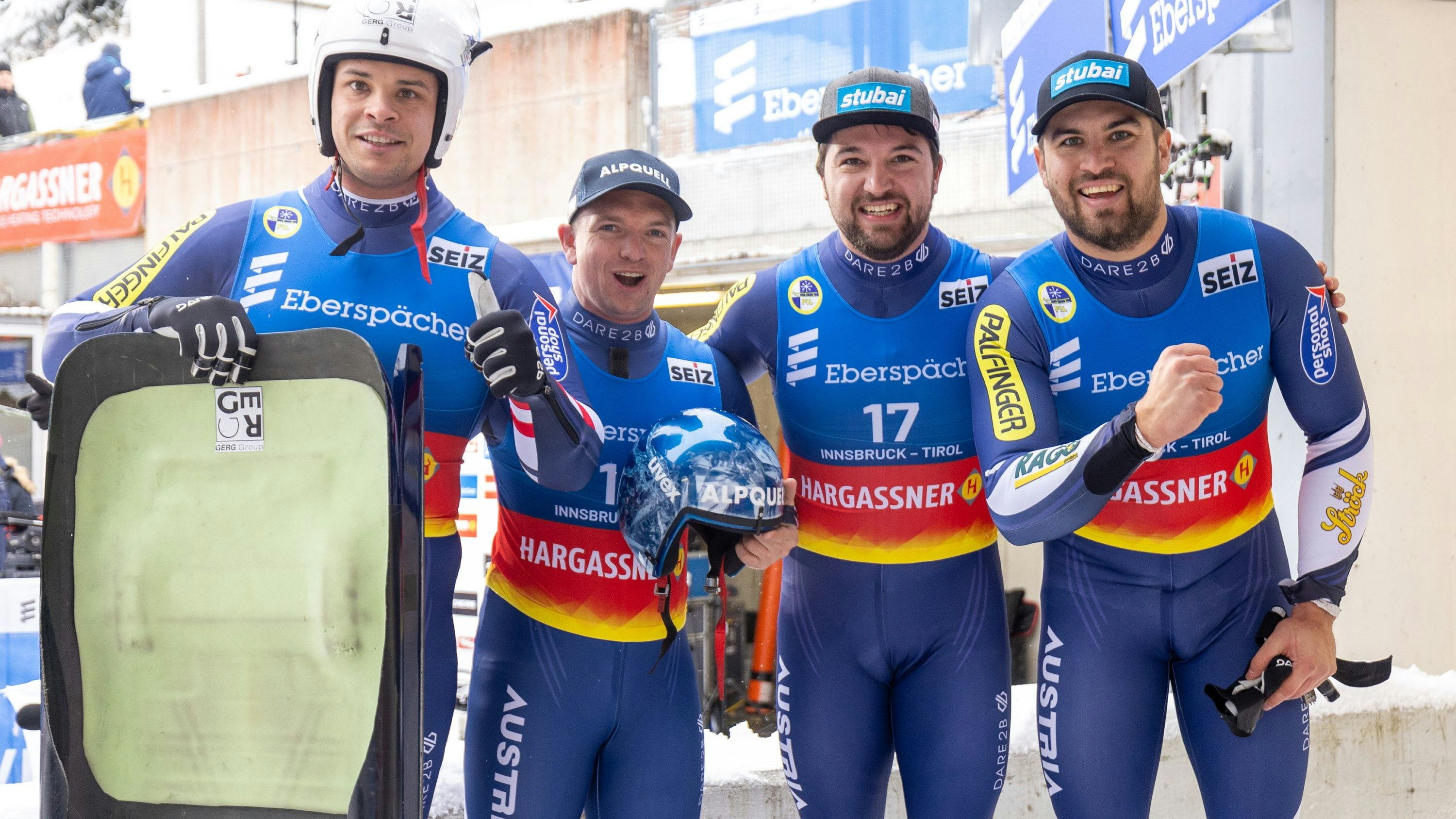 Die österreichischen Erfolgs-Rodler: Jonas Mueller, Wolfgang Kindl, David Gleirscher, Nico Gleirscher