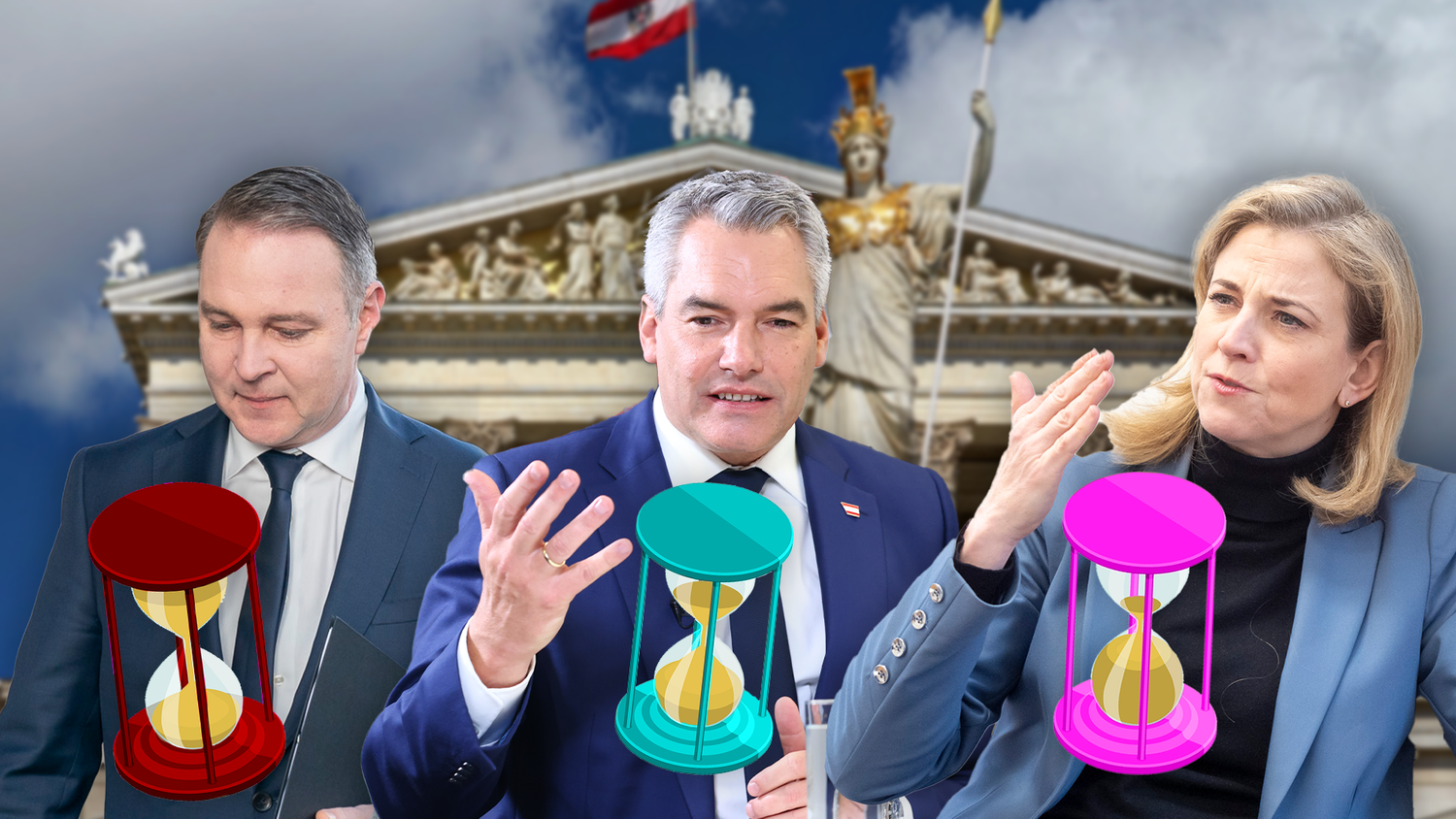 Die Zeit läuft: Parteichefs Nehammer (ÖVP), Babler (SPÖ) und Meinl-Reisingner (Neos) gehen ins Finale der Koalitionsverhandlungen. 