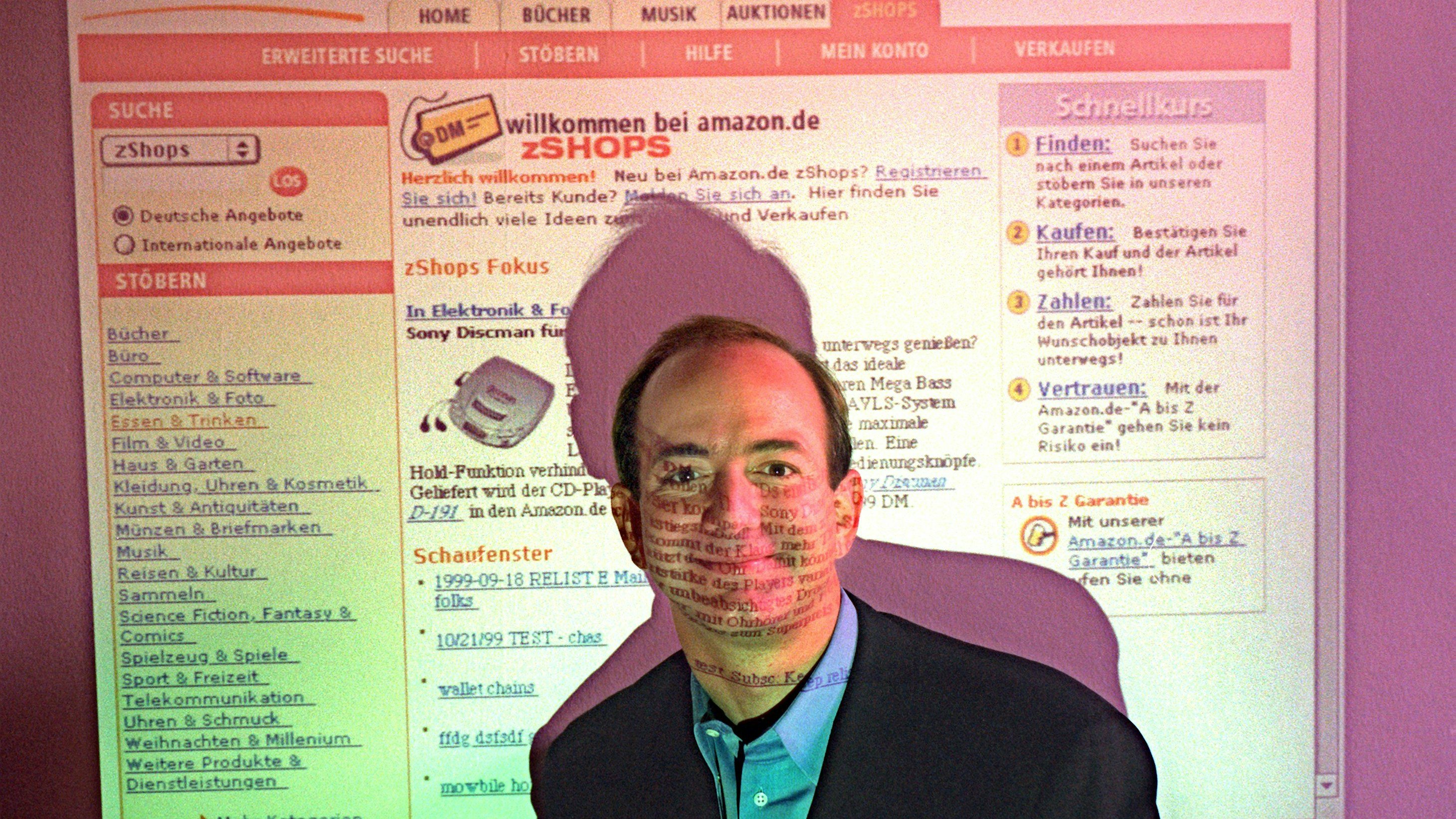 Jeff Bezos 1999 in Hamburg vor der deutschen Version der Amazon-Webpage 