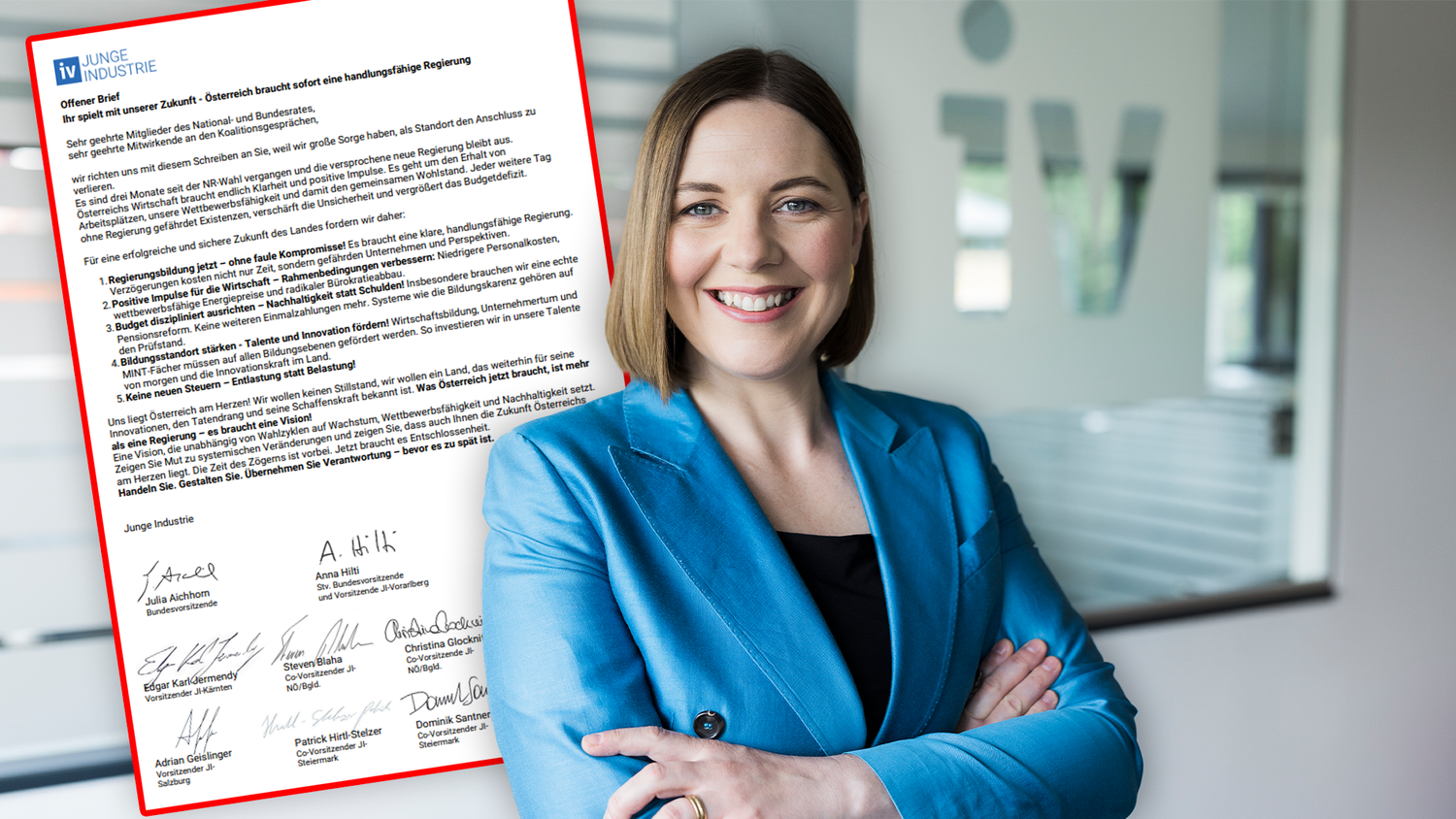 Julia Aichhorn, Bundesvorsitzende der Jungen Industrie, richtet mit Landes-Kollegen Offenen Brief an Regierungsverhandler.