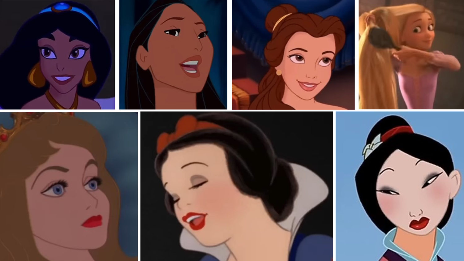 Disneys weltbekannte Schönheiten: Jasmin, Pocahontas, Belle, Rapunzel, Dornröschen, Schneewitchen und Mulan.