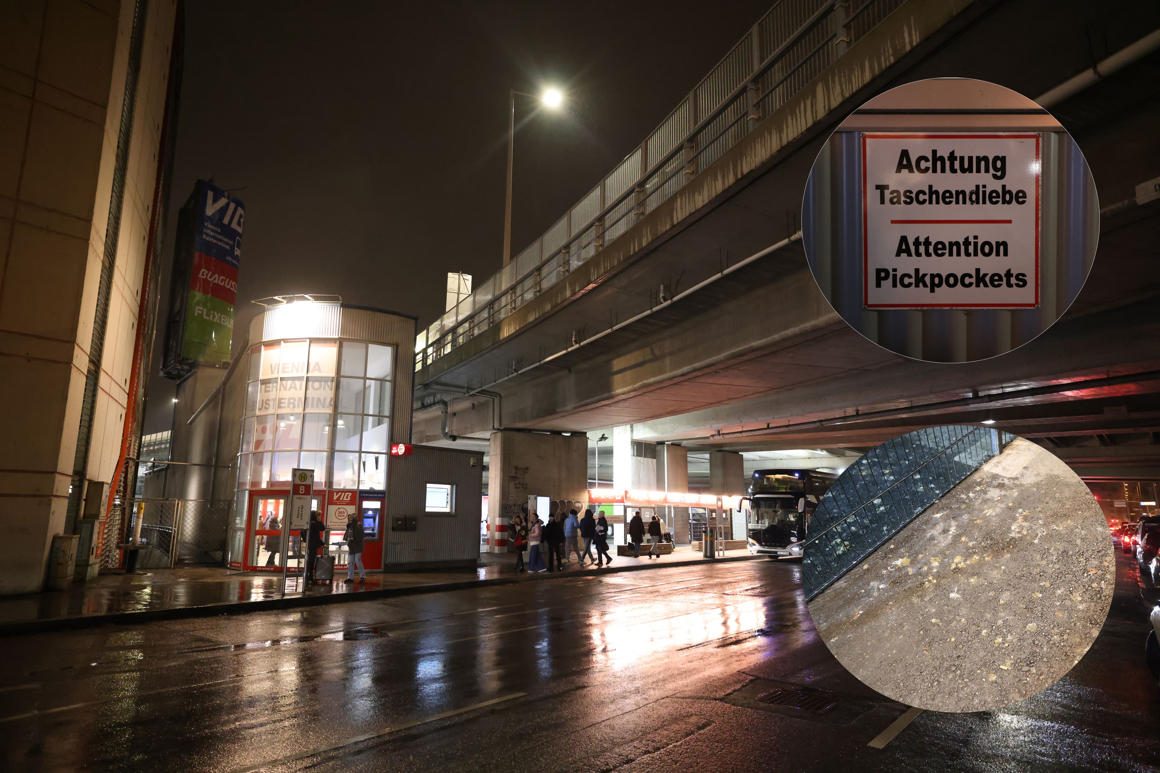 Der Wiener Busbahnhof in Erdberg: Dunkle, nasse Gassen, ein Schild warnt vor Taschendieben, und selbst der Boden zeigt deutliche Spuren von Verschmutzung. Kritik an den unzumutbaren Zuständen wächst.