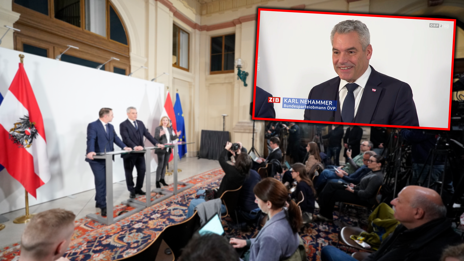 Bundeskanzler Karl Nehammer kam gut gelaunt zur Pressekonferenz der Ampel-Chefs am Dienstag.