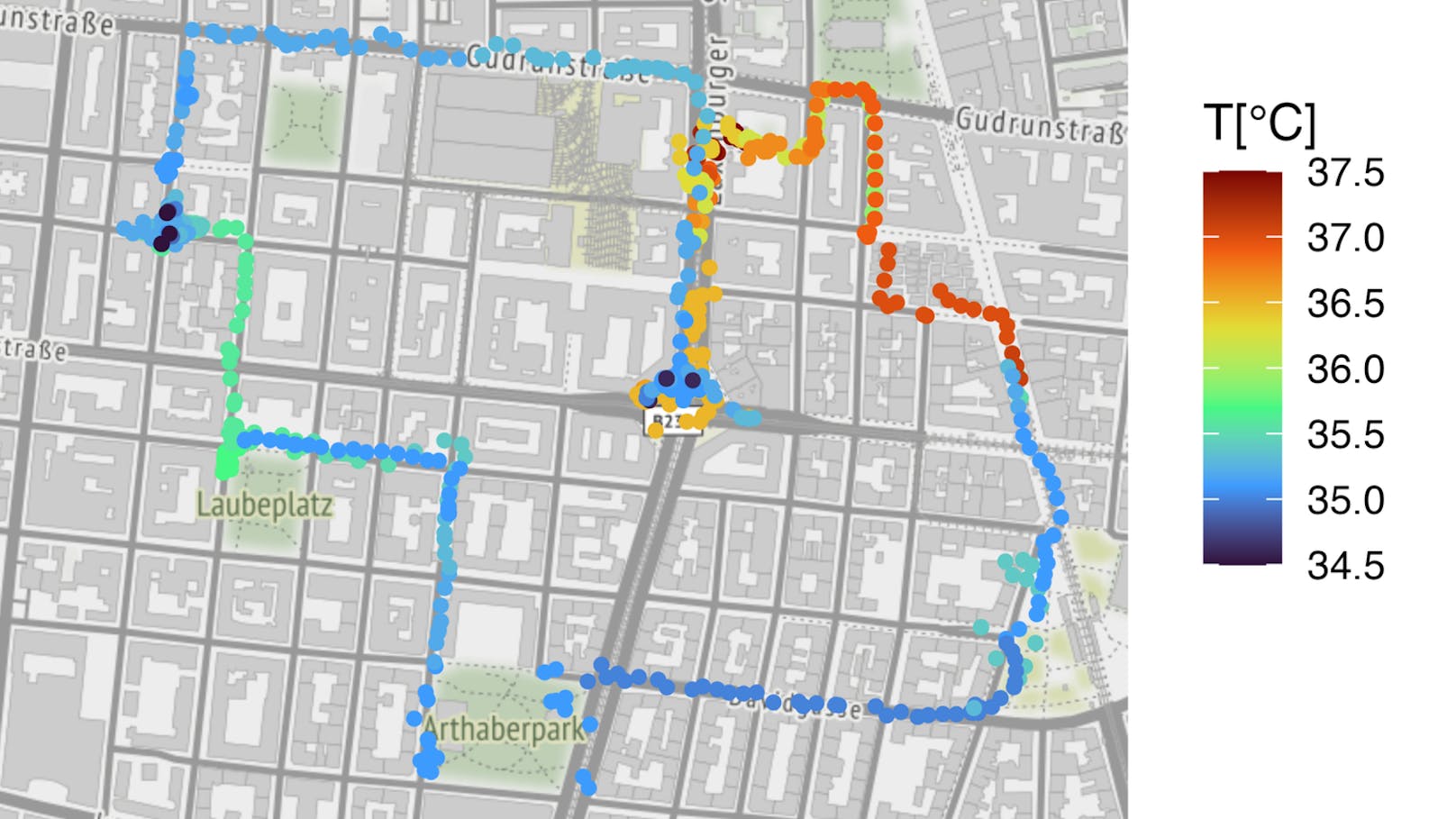 Mess-Spaziergang: Eine im Jahr 2023 erstellte Hitzekarte