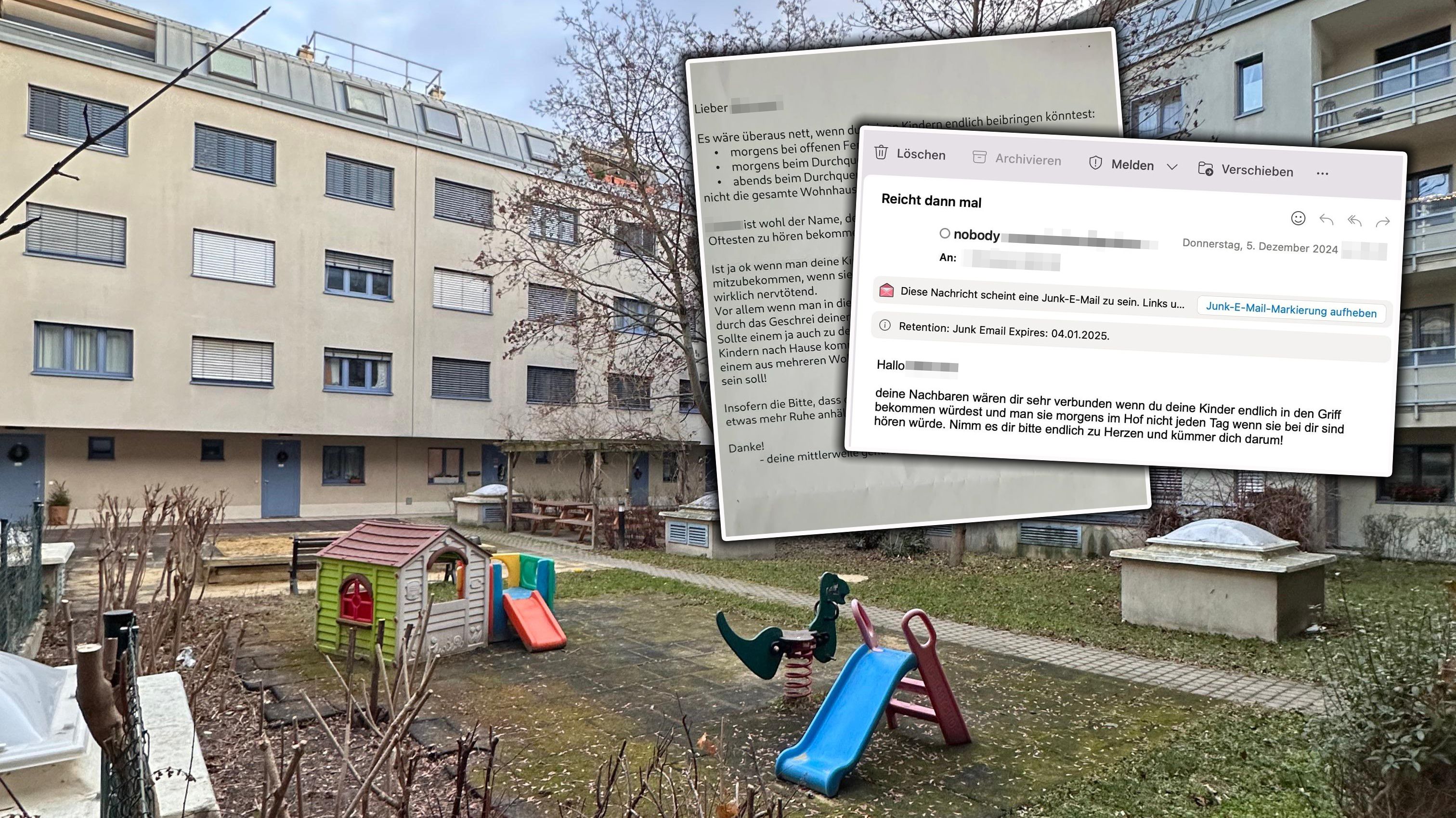 Zuerst Briefe, nun fanden anonyme Nachbarn sogar die Mailadresse eines besorgten Vaters. Er soll seine Kinder dazu zwingen, leise zu sein.