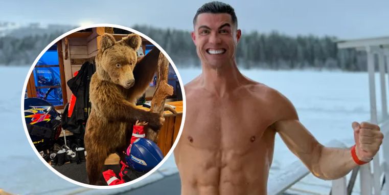 Cristiano Ronaldo beim Eisbaden in Lappland - seine Kinder mit einem ausgestopften Bären.