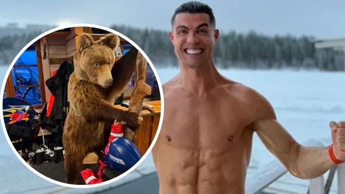 Cristiano Ronaldo beim Eisbaden in Lappland - seine Kinder mit einem ausgestopften Bären.
