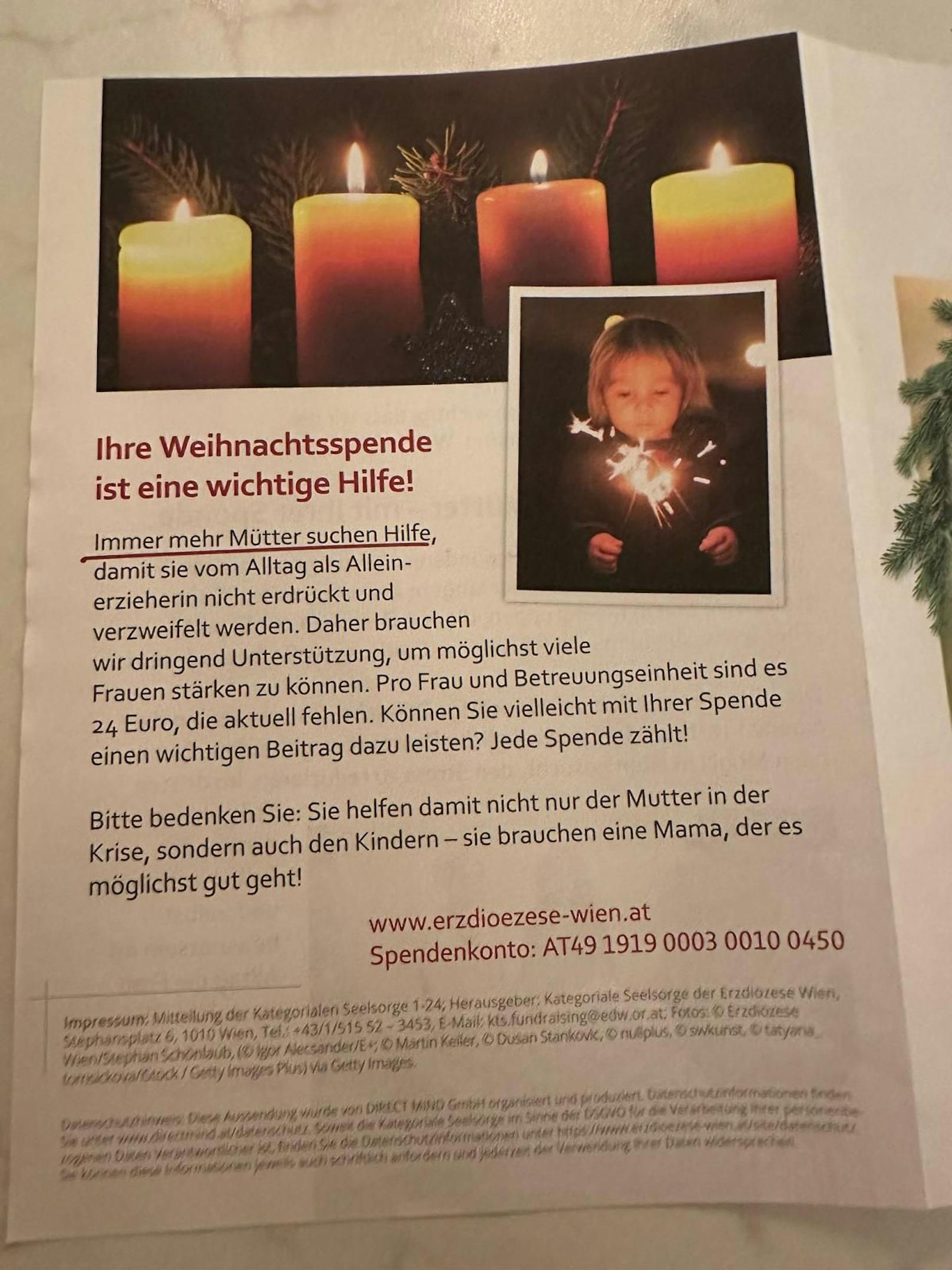 Ein Brief der Erzdiözese Wien sorgt bei einer Alleinerzieherin aus Mistelbach für Ärger. Die 37-Jährige soll für Alleinerzieher spenden.