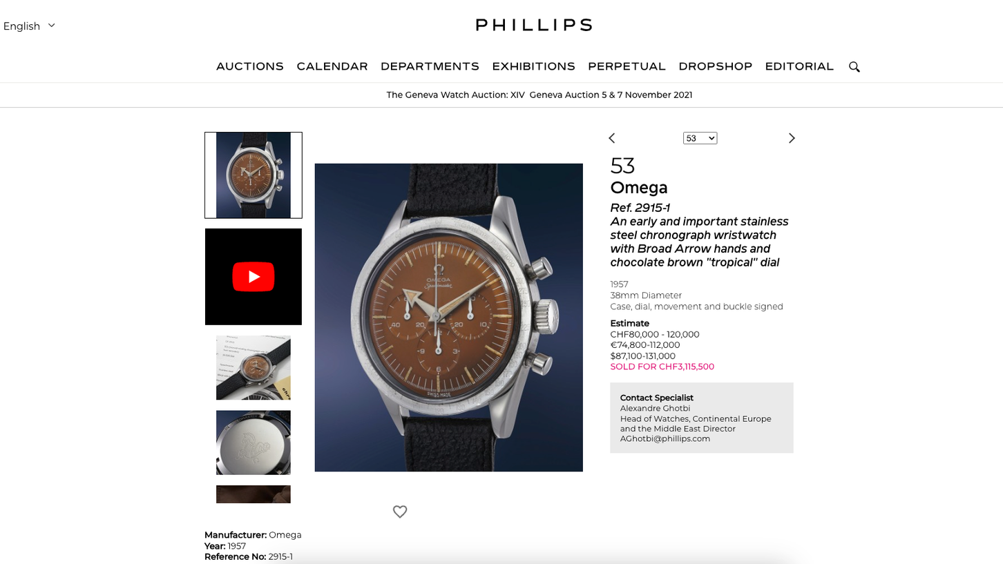 Das Ergebnis der Auktion vom 5. November 2021, wie es nach wie vor auf der Homepage des Auktionshauses Phillips zu finden ist: "Sold for CHF 3,115.500", also über 3 Millionen Franken