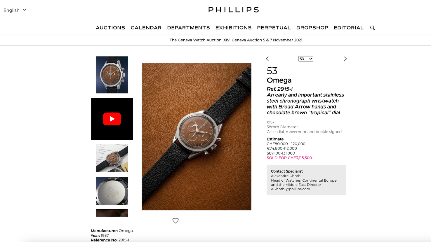 Die Omega Speedmaster aus 1957 auf der Homepage des Auktionshauses Phillips