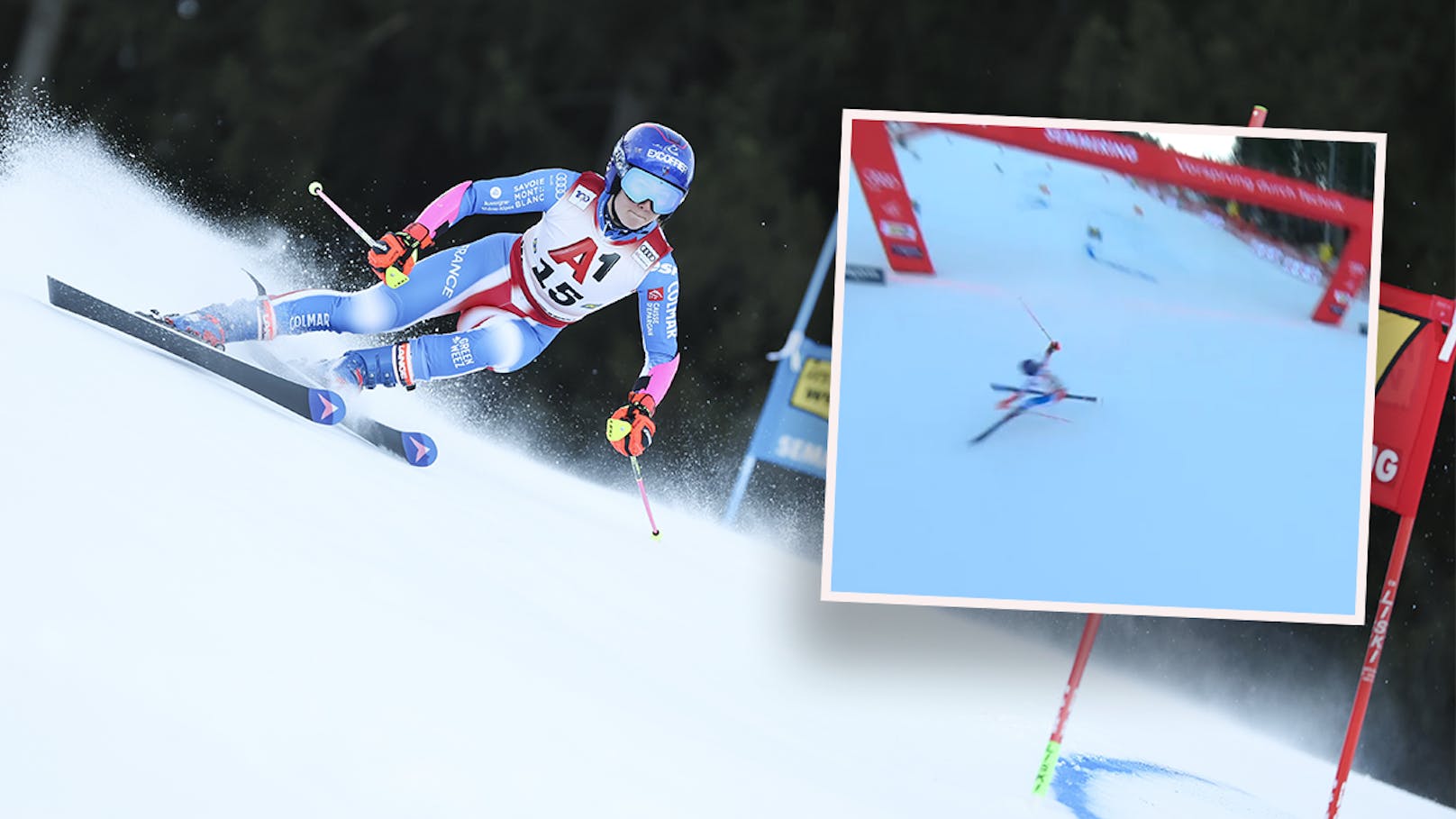 Ski-Ass stürzt ins Ziel, bleibt lange liegen