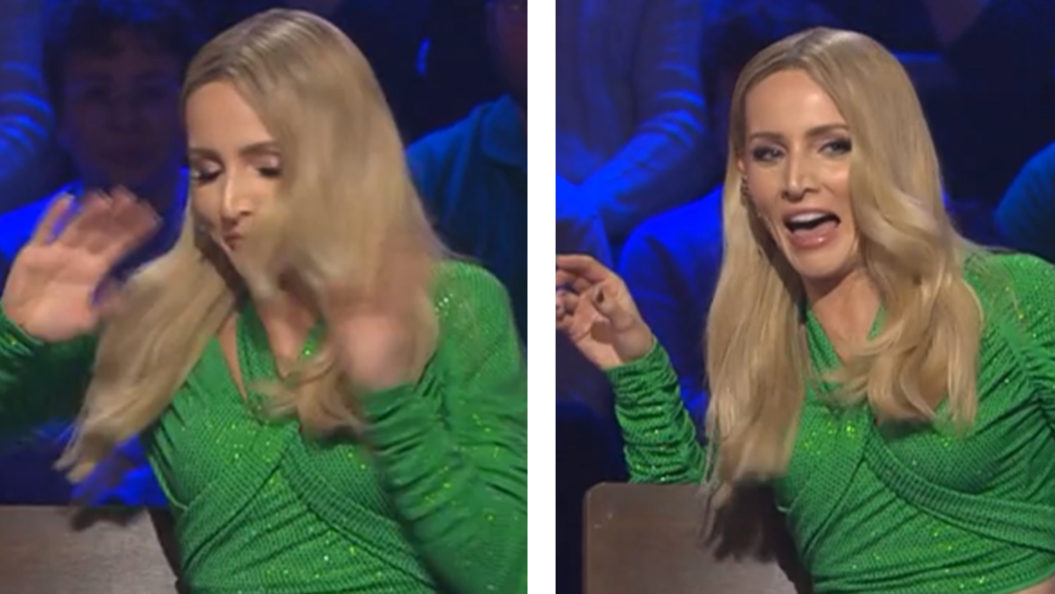 Melissa Naschenweng kippt bei der Quizfrage halb vom Stuhl.