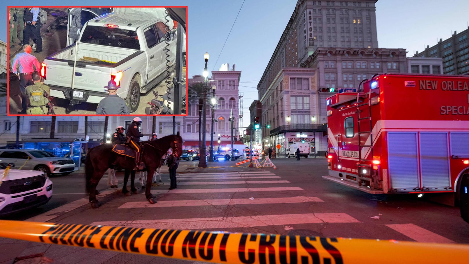 Autofahrer rast in New Orleans in Menschenmenge: Auf einem Augenzeugenvideo sind Schüsse zu hören; weitere Videos zeigen Ambulanzen und Polizeifahrzeuge in der Nähe des Tatorts.