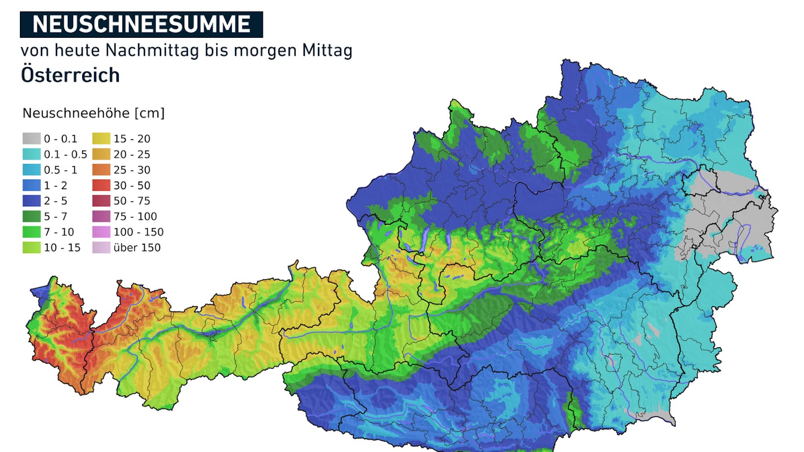 Die KArte zeigt, wo mit Schneefall zu rechnen ist. 