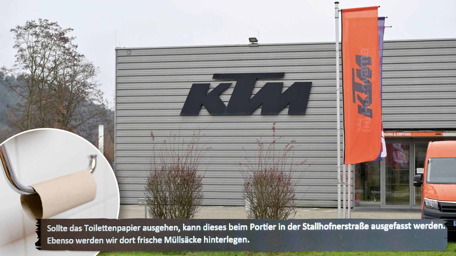 In einer Mail werden KTM-Mitarbeiter informiert, dass sie sich ihr Klopapier selbst beim Portier holen sollen. Im Bild: Motorenwerk in Munderfing (Bez. Braunau) (Symbolbild)