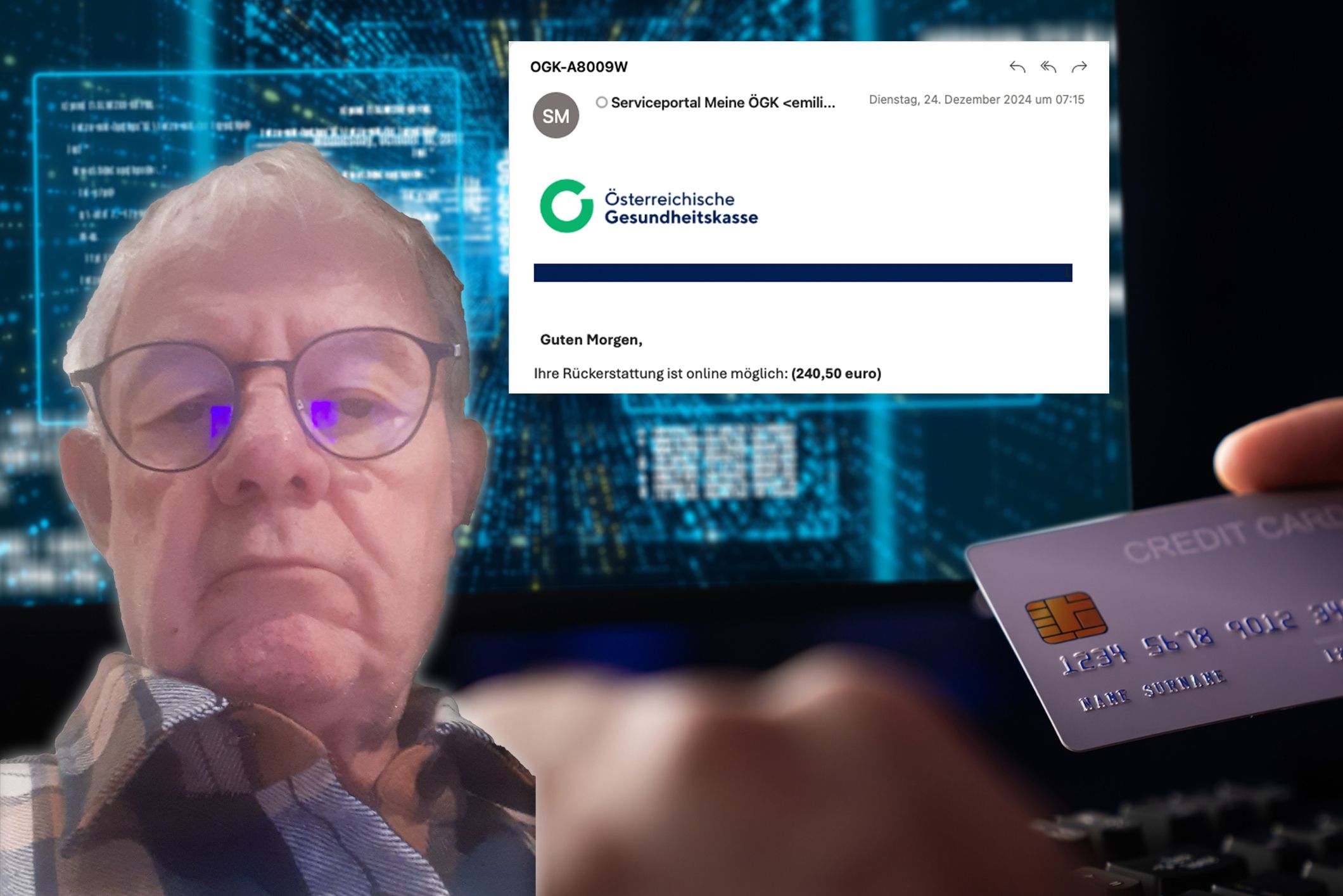 Peter O. (84) tappt in die Betrugsfalle: Eine täuschend echte ÖGK-Fake-Mail kostet ihn seine Kreditkartendaten. Die ÖGK warnt vor der Masche!