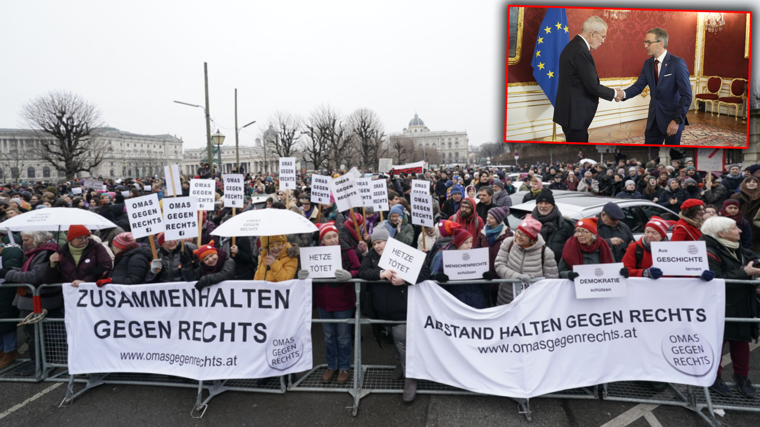 Die Polizei berichtete anfangs von 500 Demonstranten, allerdings kämen stetig Menschen dazu. Während der Demo sprachen Van der Bellen und Herbert Kickl miteinander.