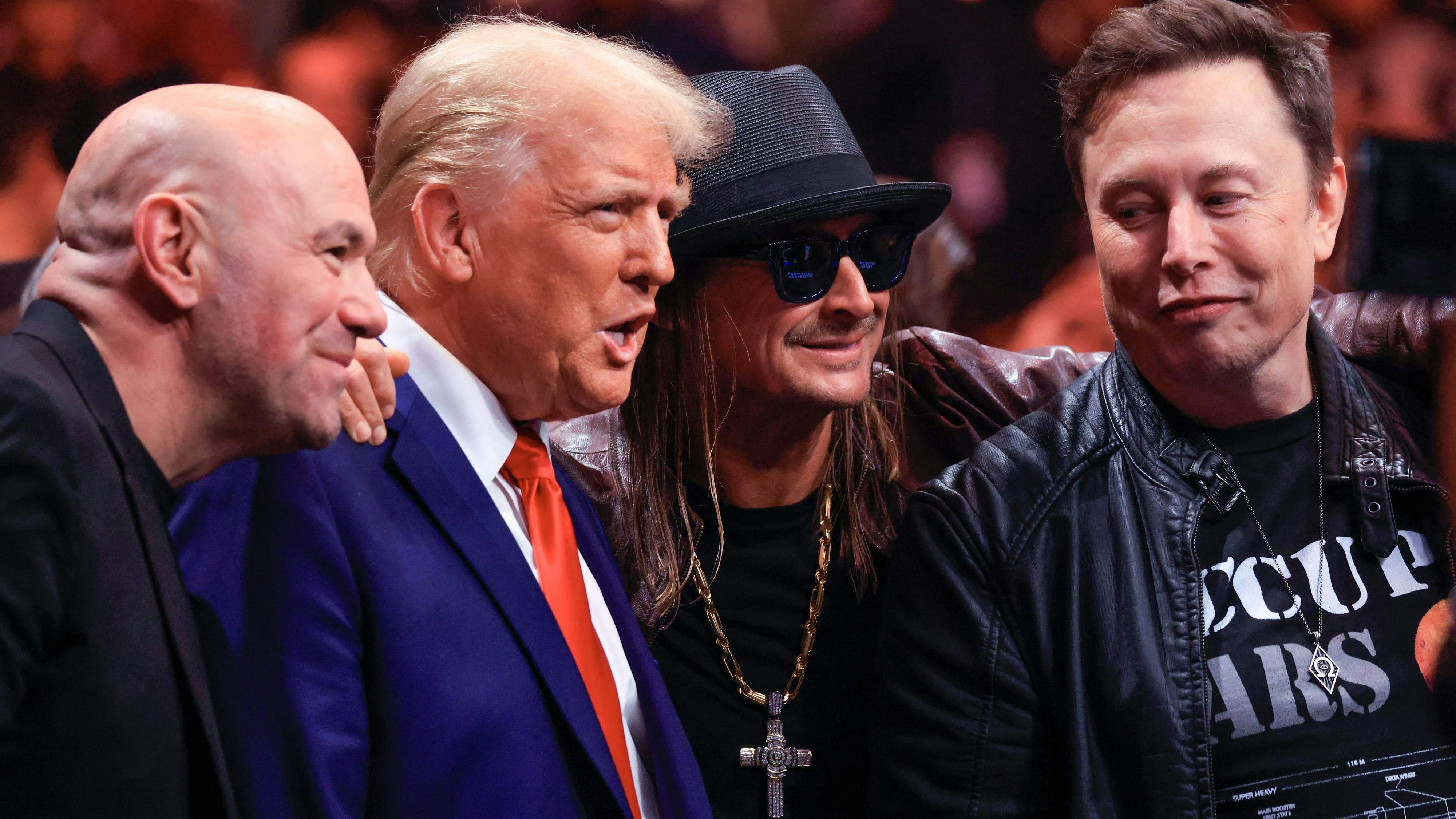 UFC-Präsident Dana White (links) mit "Buddy" Donald Trump, dem Sänger Kid Rock und Milliardär Elon Musk bei einem UFC-Event im New Yorker Madison Square Garden am 16. November 2024. Dana White ist ebenfalls neu im Meta-Board