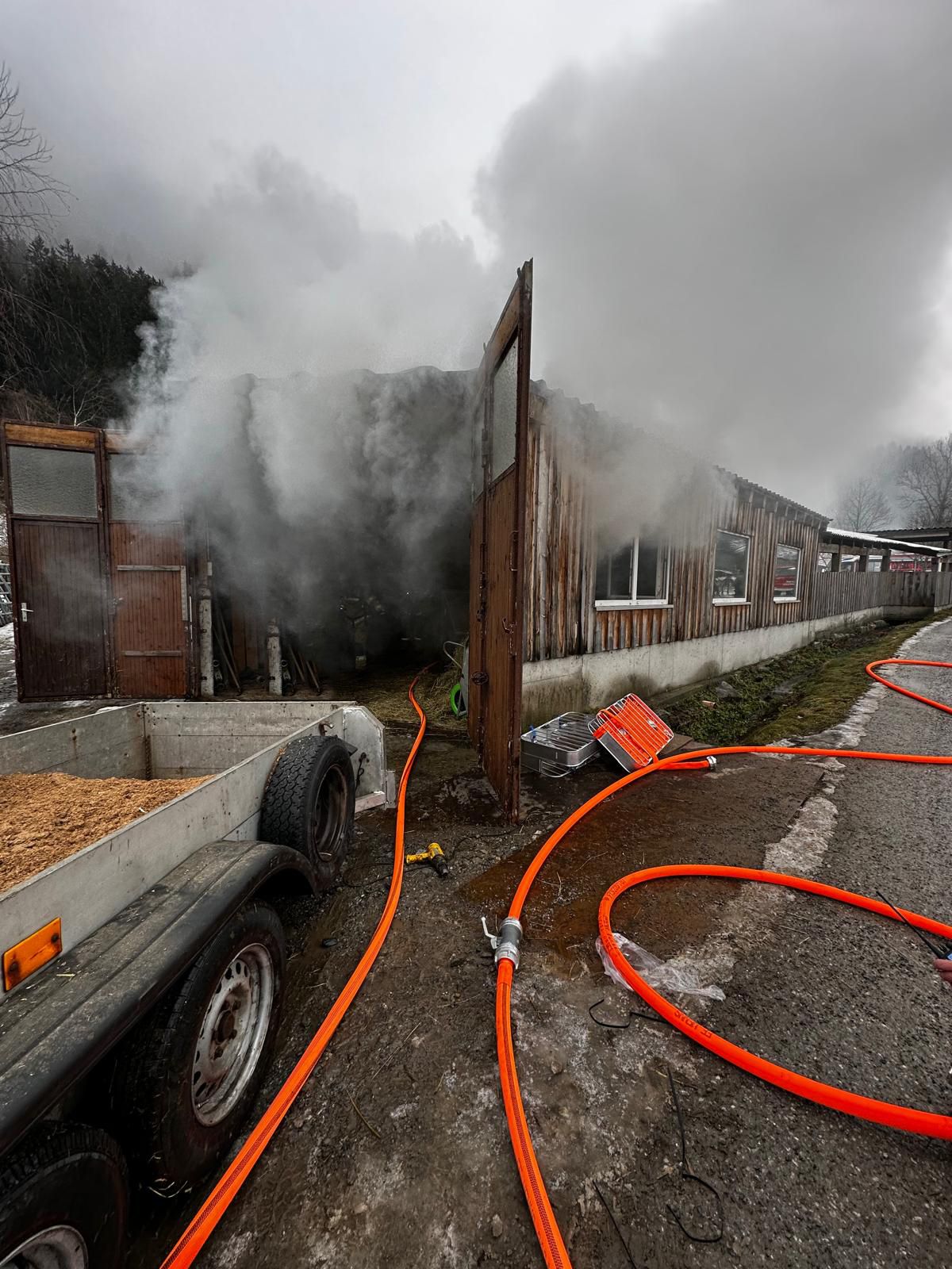 Beim Eintreffen der Einsatzkräfte drang bereits dichter Rauch aus dem Stallgebäude.