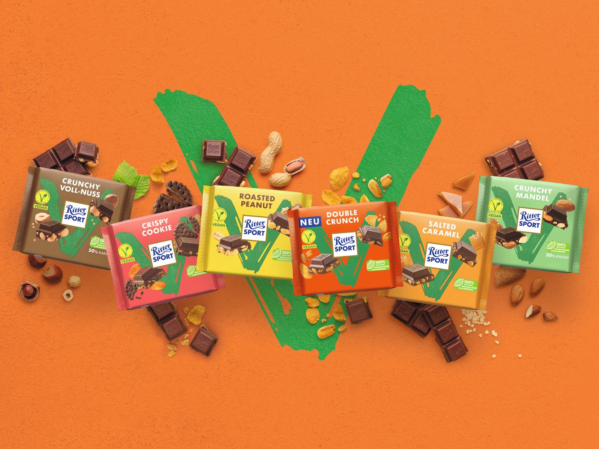 Das pflanzliche Sortiment von Ritter Sport: Crunchy Voll-Nuss, Crispy Cookie, Roasted Peanut, die neue Double Crunch, Salted Caramel und Crunchy Mandel