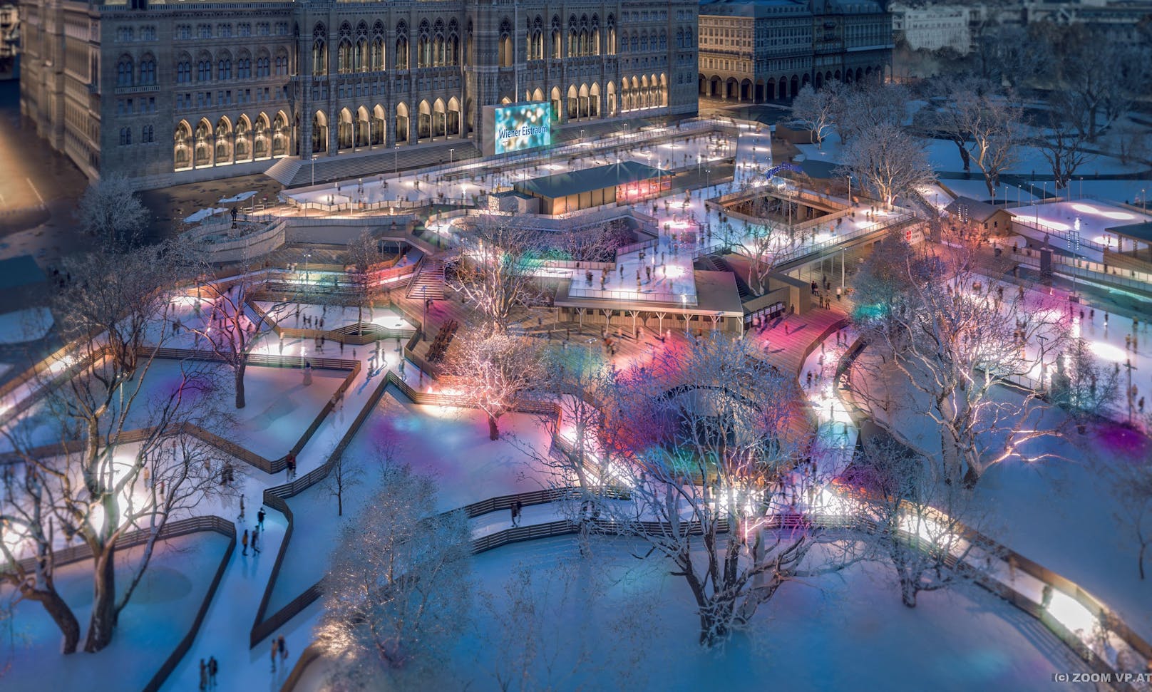 Ein magischer Anblick: Der Wiener Eistraum erleuchtet den Rathausplatz mit einer gigantischen Eislandschaft und farbenfroher Beleuchtung.