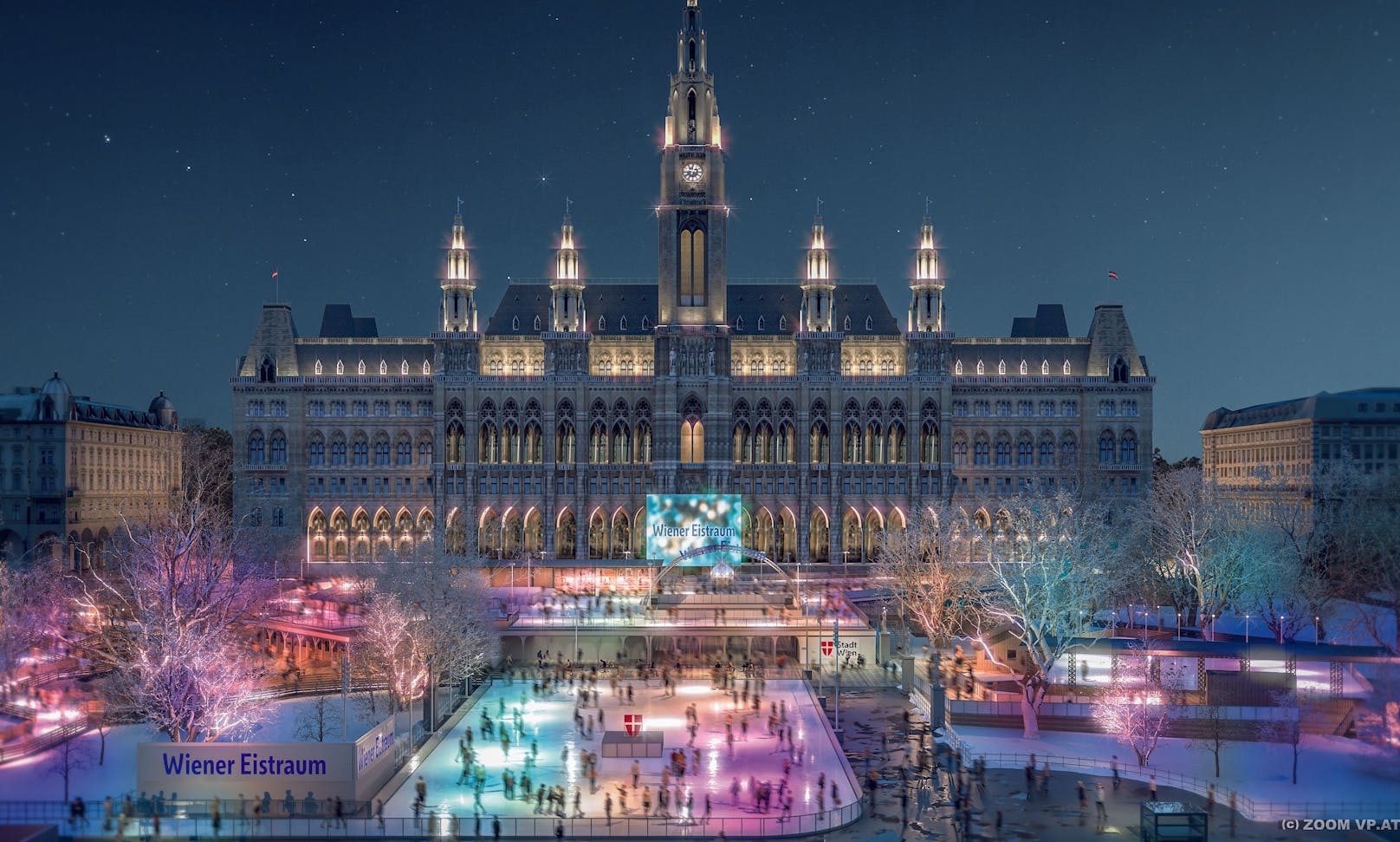 Der Wiener Eistraum in voller Pracht: Die größte Eislauffläche in der Geschichte des Events bringt Glanz und Winterzauber vor das Wiener Rathaus.