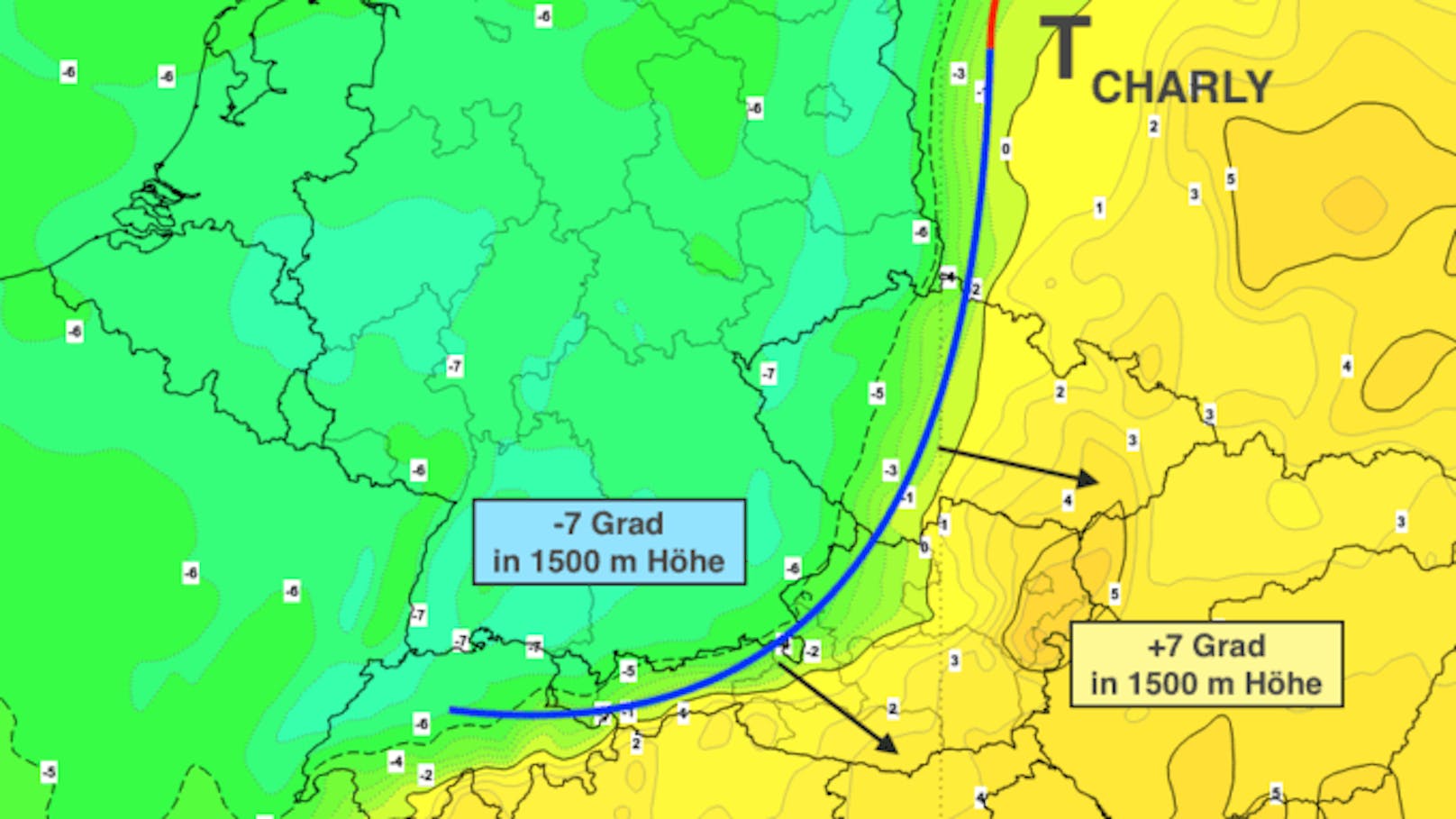 Ungefähre Lage der Kaltfront am späten Donnerstagabend mit den Temperaturen in 850 hPa (rund 1500 m Höhe).