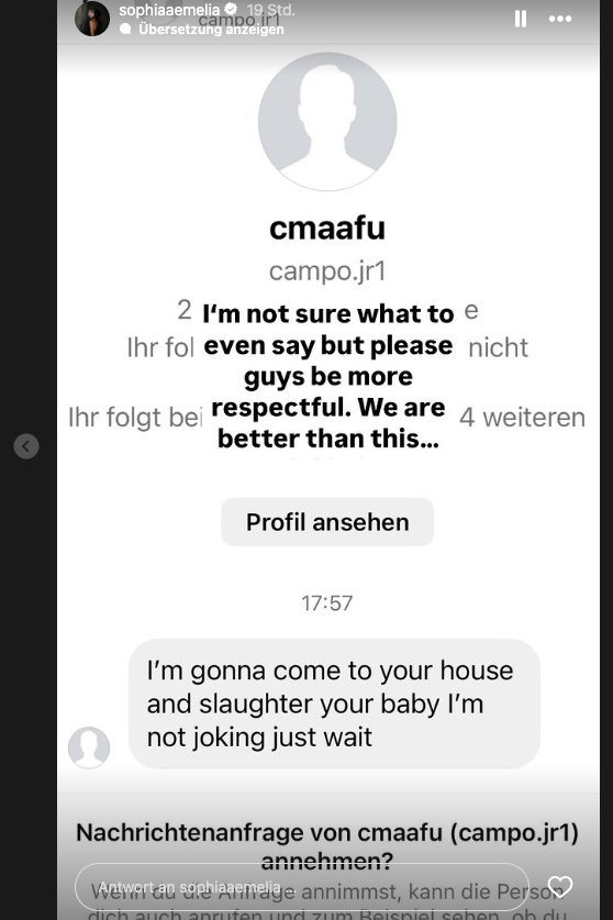 Das Ehepaar Havertz präsentiert seine Baby-Freude auf Social Media (oben), und wird dafür auf abartige Weise bedroht (Screenshot unten)