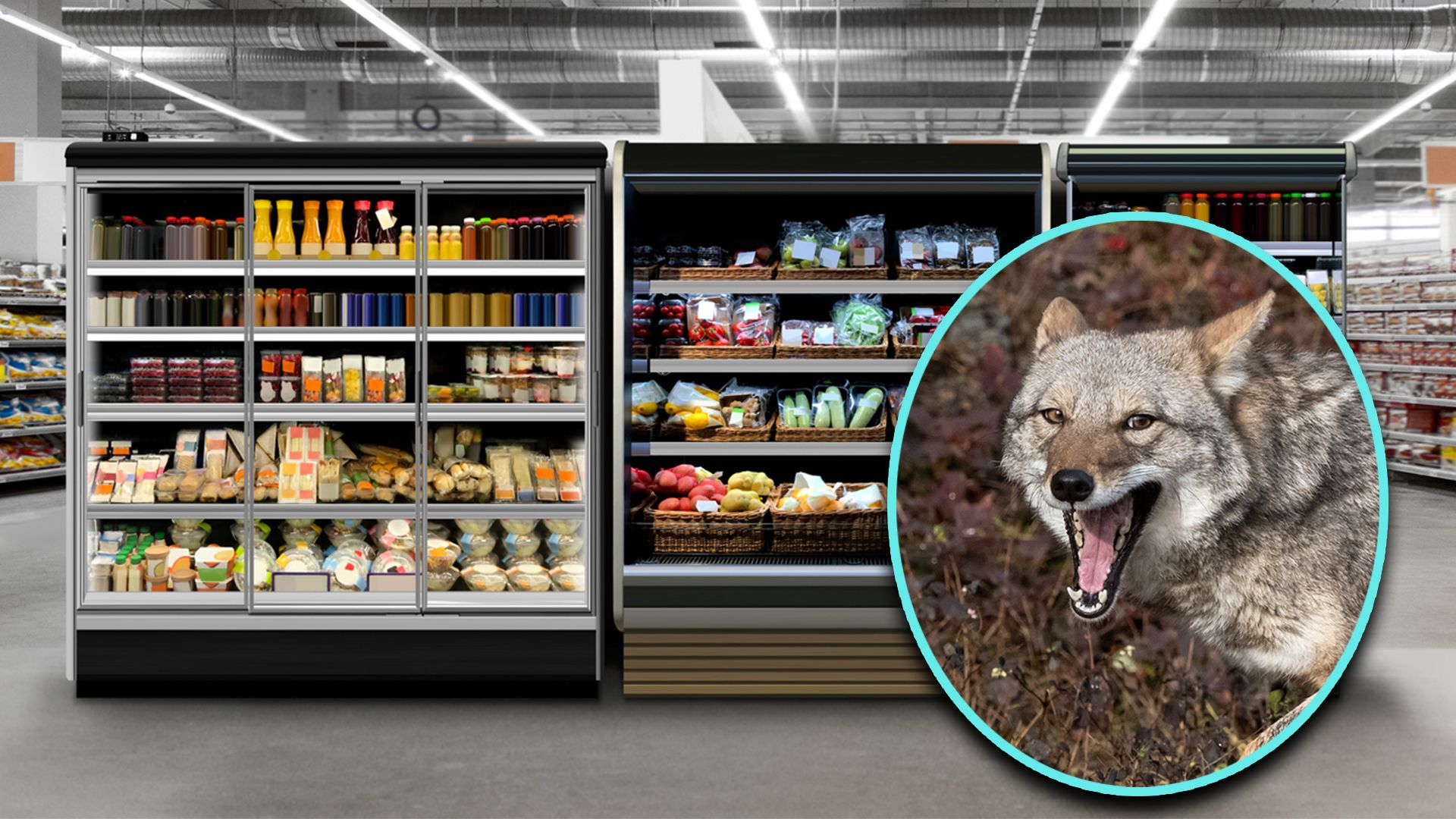 Ein Kojote versteckte sich hinter den Fleischwaren im Kühlregal eines Supermarktes.
